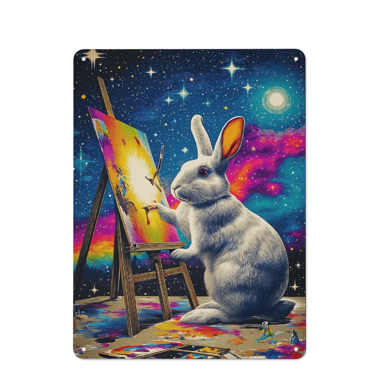 Simple Retro Rabbit Painting in Space -1 Metal Wall Plaque 40x30cm, Creative Space Decor for Office, Study, Studio Or Hallway