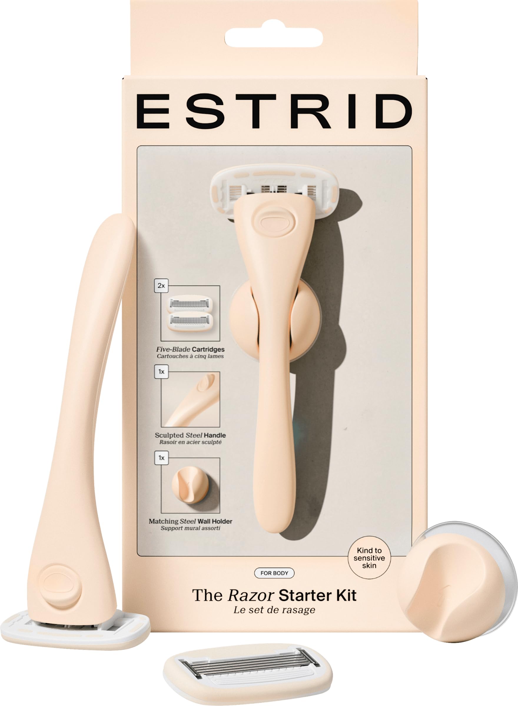 Estrid Juego de navaja de afeitar para mujer con sistema de 5 cuchillas, tiras de humedad veganas, 2 cuchillas de repuesto, soporte de pared (Fawn)