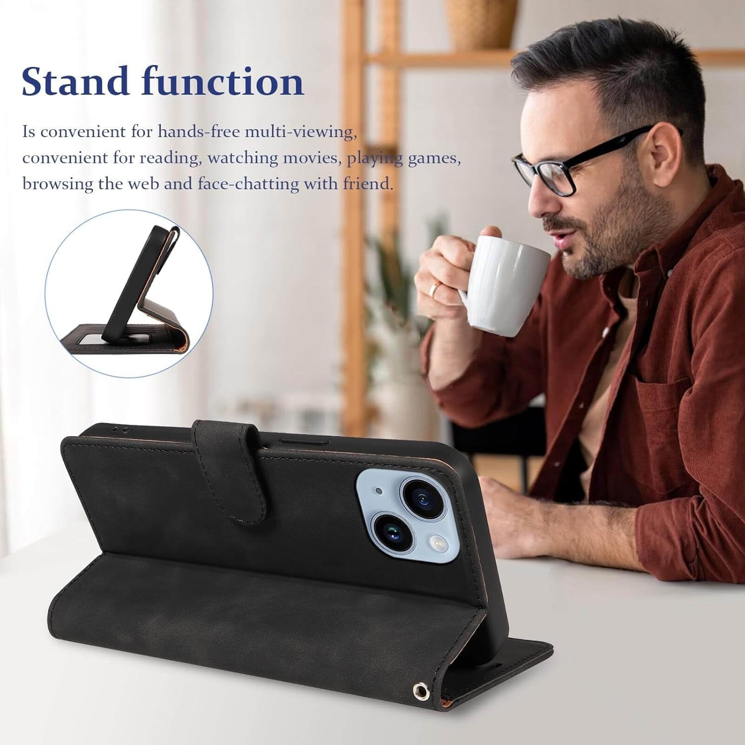 for iPhone 14 Wallet Case, [RFID Blocking 4 Card Slots] [Kickstand] [Wrist Strap] [Magnetic Closure] Soft PU Leather Shockproof Protective Flip Cover for iPhone 14 Case 6.1 Inch (Black) - Image 3