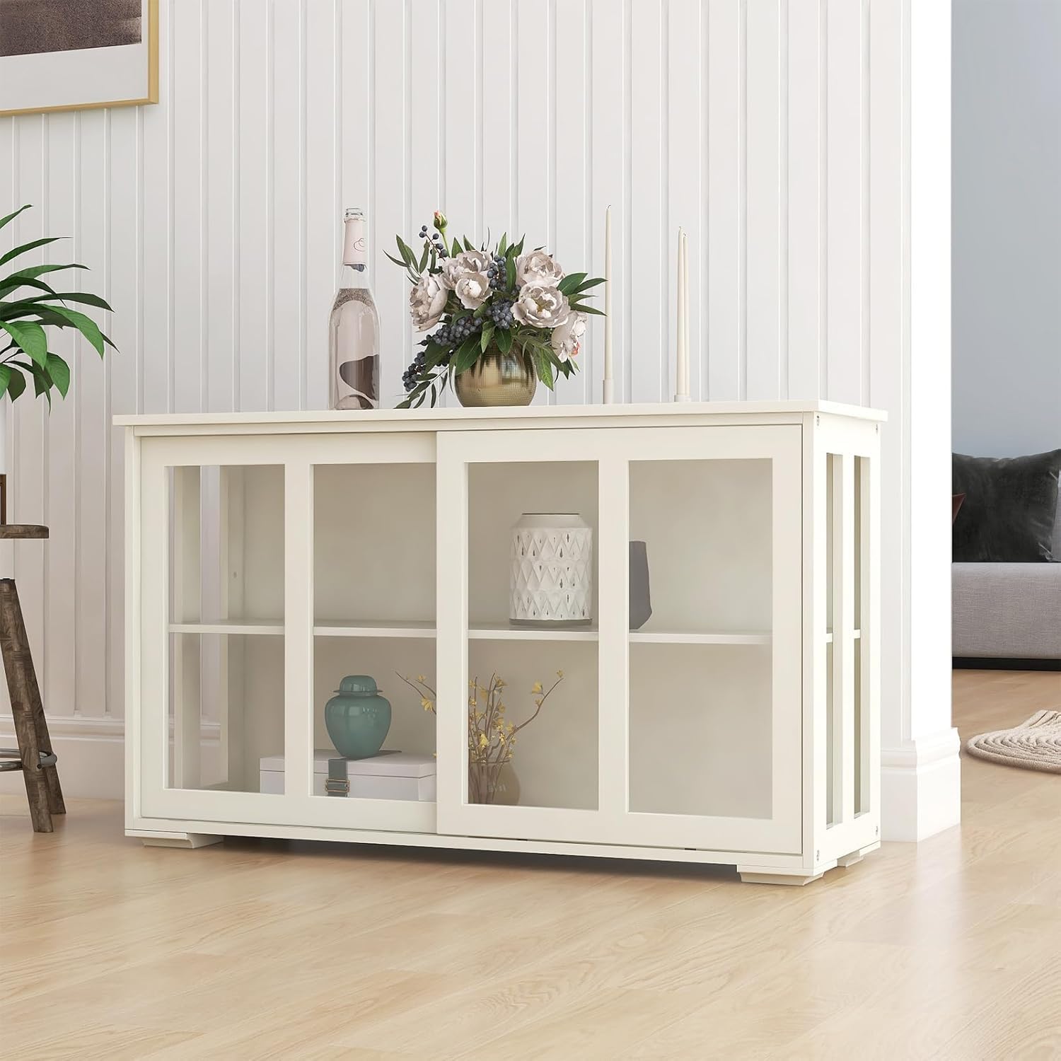 White Sideboard Buffet Cabinet with Storage, Modern Wooden Storage Cabinet with Sliding Glass Door & Adjustable Shelf, Accent Coffee Bar Console Table for Living Room, Kitchen, Hallway