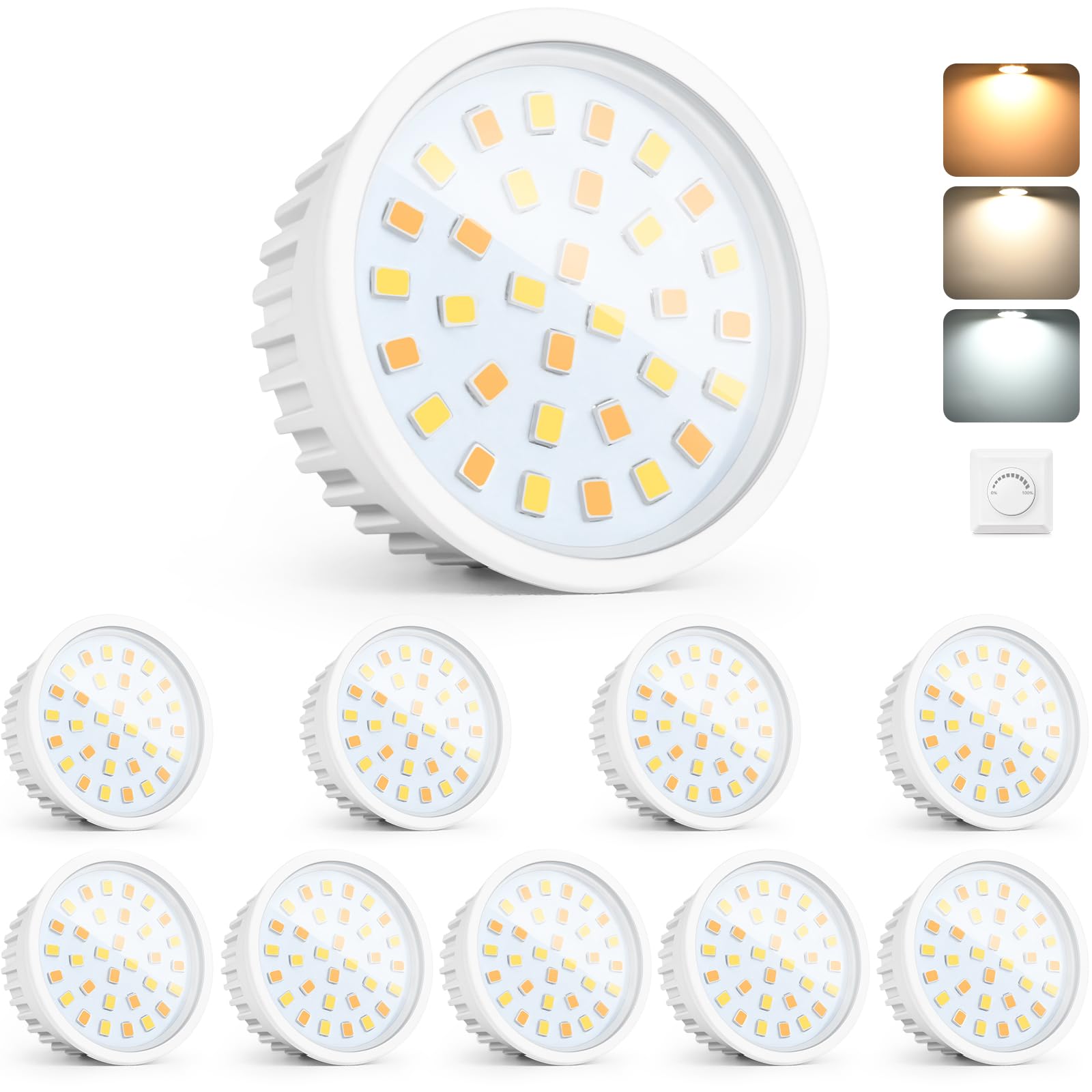 YindaLux 10x LED Modul 230V IP44, 6W 600lm, 120°, 2700K/4000K/6500K,dimmbar | Ultraflach Ø50x23mm, für Einbaustrahler und Aufbauspots, als Ersatzmodul für kompatible GU10/MR16-Lampen