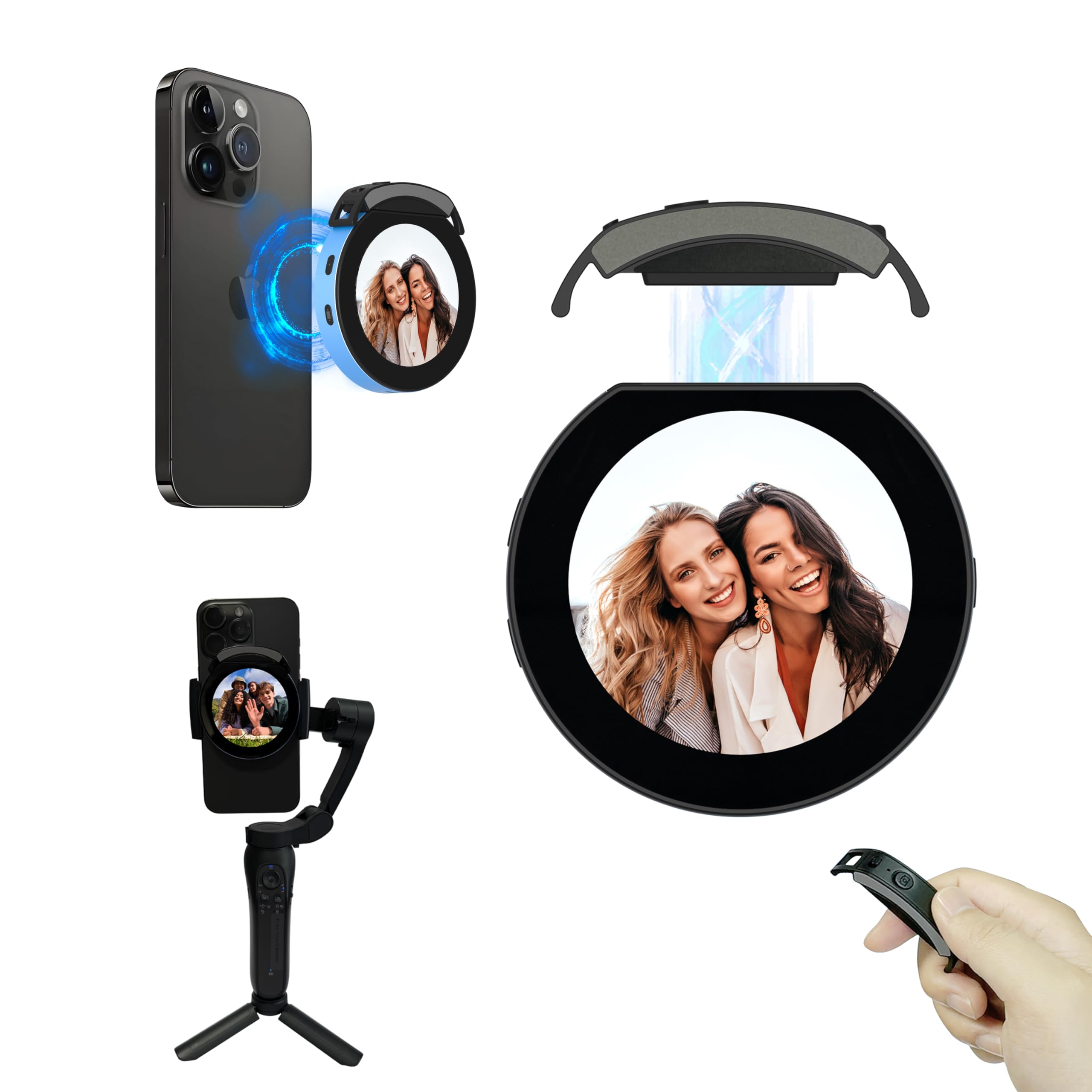 Vlog Selfie Monitor Screen, Magnetic Phone Vlog Selfie Monitor Screen Bluetooth Remote, Using Phone Rear Camera for Selfie Vlog Live Stream TikTok,