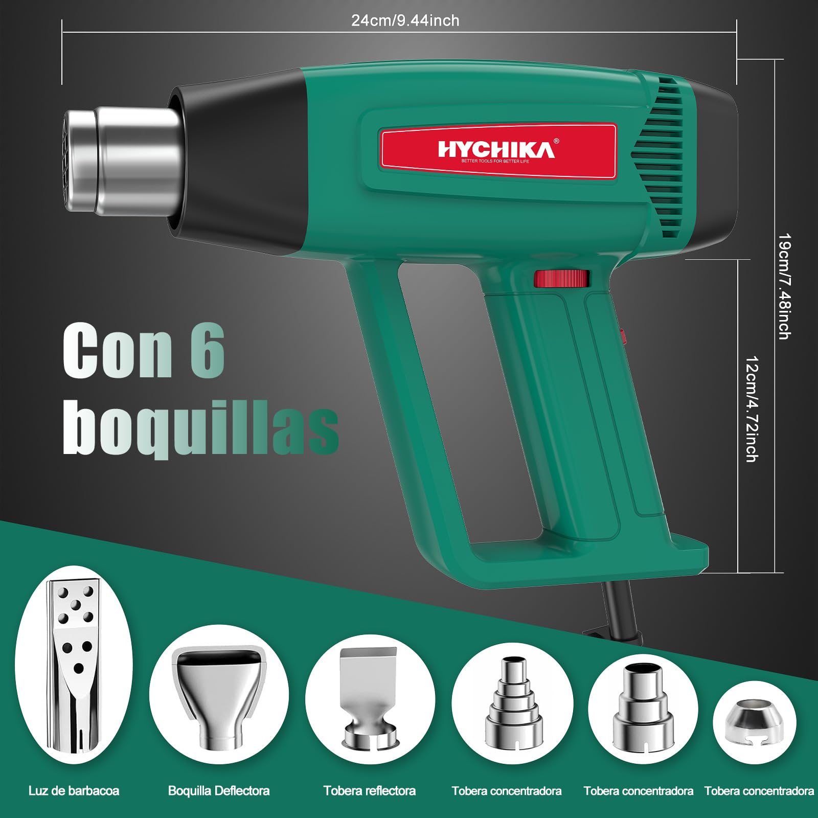 HYCHIKA Pistola de Calor Profesional, 60℃- 600℃ Temperatura Variable Continua, Motor de Cobre Puro de 1800W, Protección Contra Sobrecarga, 6 Boquillas para Decapar Pintura, Termorretráctil, etc
