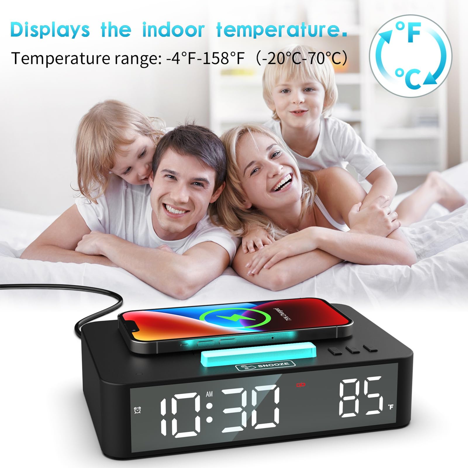 Zegar na Biurko LED z Szybkim Bezprzewodowym ładowaniem Kolorowe światło Nocne Lustrzany Ekran dla IPhone'a Samsung Smartfony z Systemem Home Office Travel Black (Czarny)