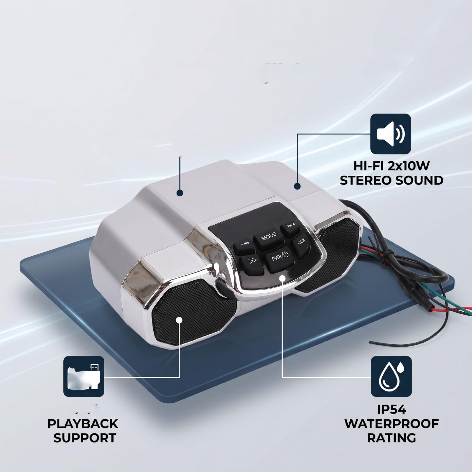 Luocute Altoparlante Bluetooth per Moto, Resistente All'acqua IP54 | Supporto per manubrio regolabile, per scooter e ATV, audio stereo 2x10 W, USB e radio FM