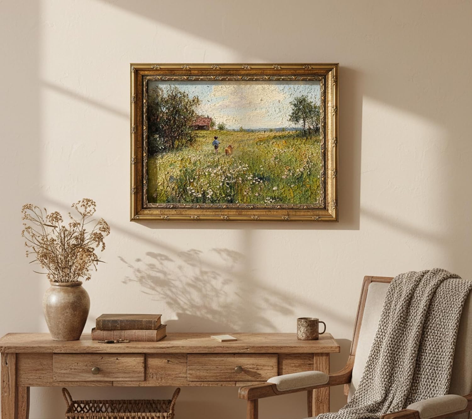 Gold Framed Vintage Country Canvas Wall Art 3D Textures Boy and Dog Running in Flower Field Painting Picture Farmhouse Landscape Wildflower Print Wall Decor for Bedroom Living Room Decoration 12x16in