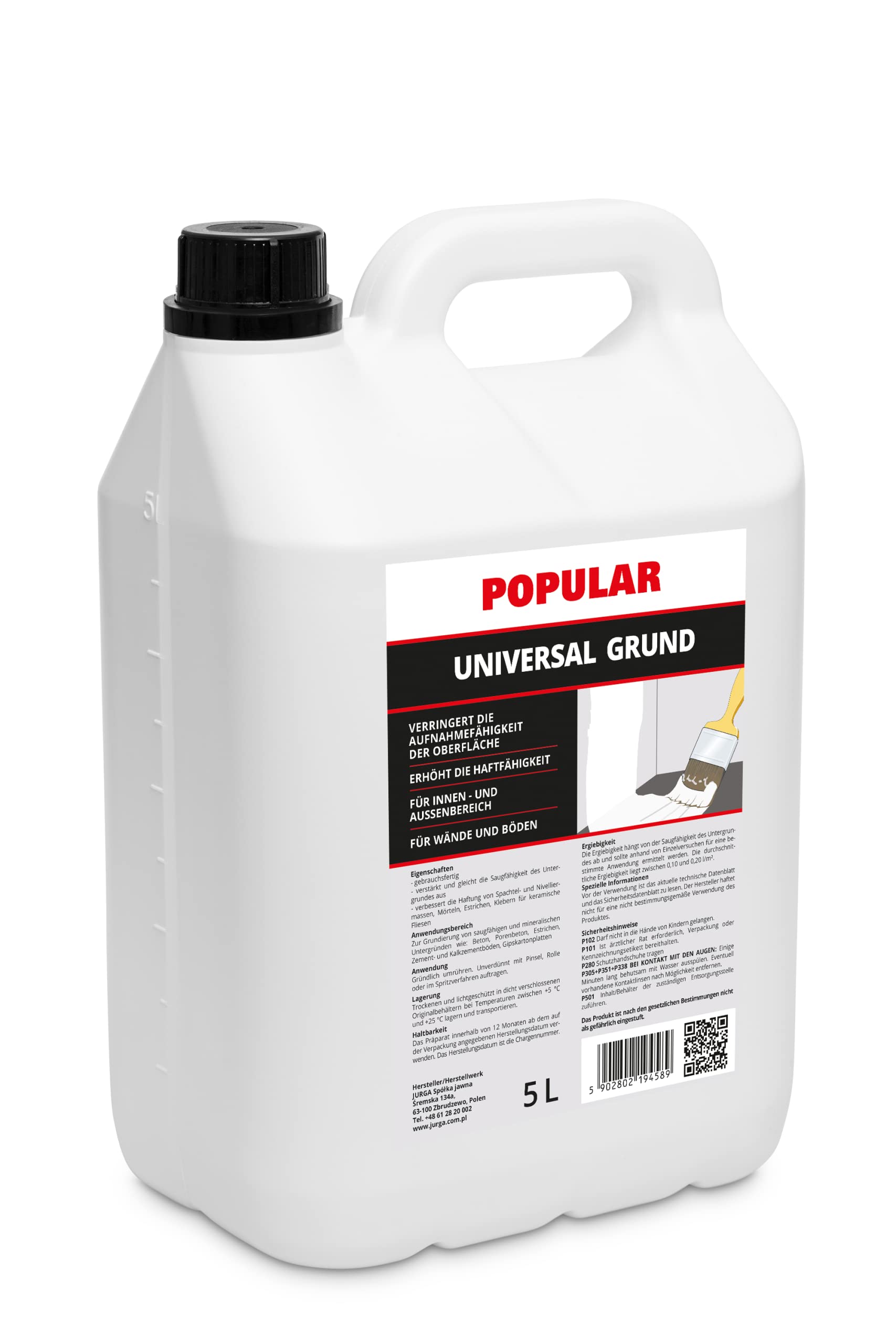 JURGA Popular Grunt 5L (≈50m²) Do Ścian i Podłóg Uniwersalny Podkład Preparat Gruntujący Do Użytku na Zewnątrz i Wewnątrz na Chłonne Porowate Podłoża