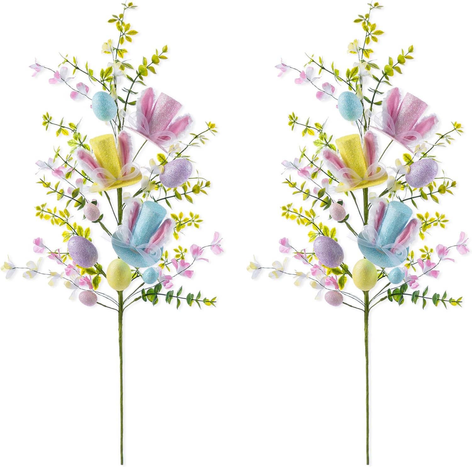 Glitzhome Easter Gifts Set of 2 Artificial Glitter Egg & Top Hat Picks 28" Easter Decorations for Home Table Vase Party Decor