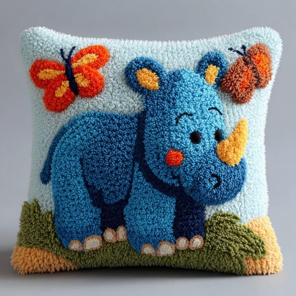 Axiangzik Rhinoceros And Butterfly Latch Hook Cushion Kits For Beginners,