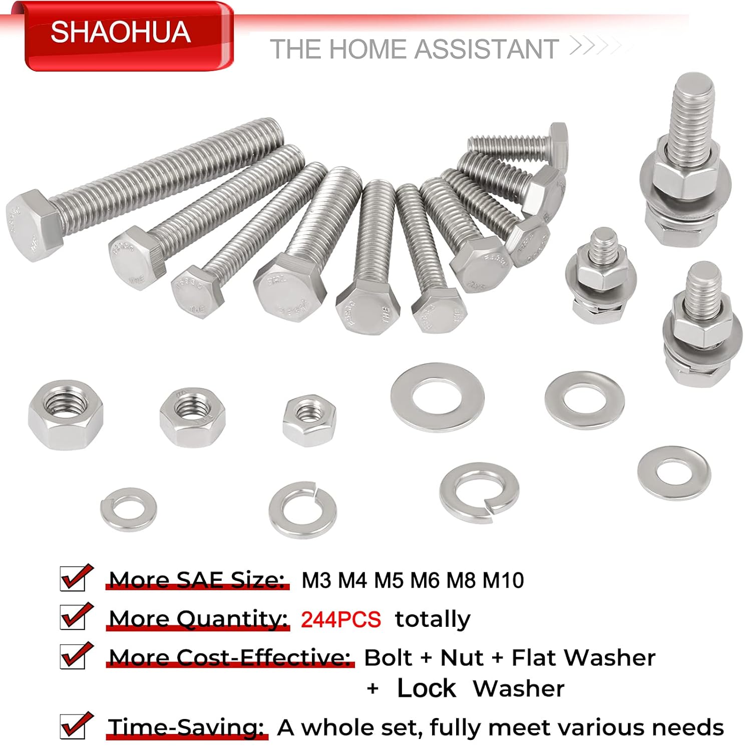 Metric Bolt Assortment, 244PCS M3 M4 M5 M6 M8 M10 Hex Bolts and Nuts Kit, 10-50mm Stainless Steel Bolts and Nuts Kit, Flat Hex Head Screws Bolts Nuts, Lock and Flat Gasket Washers Assortment Kit