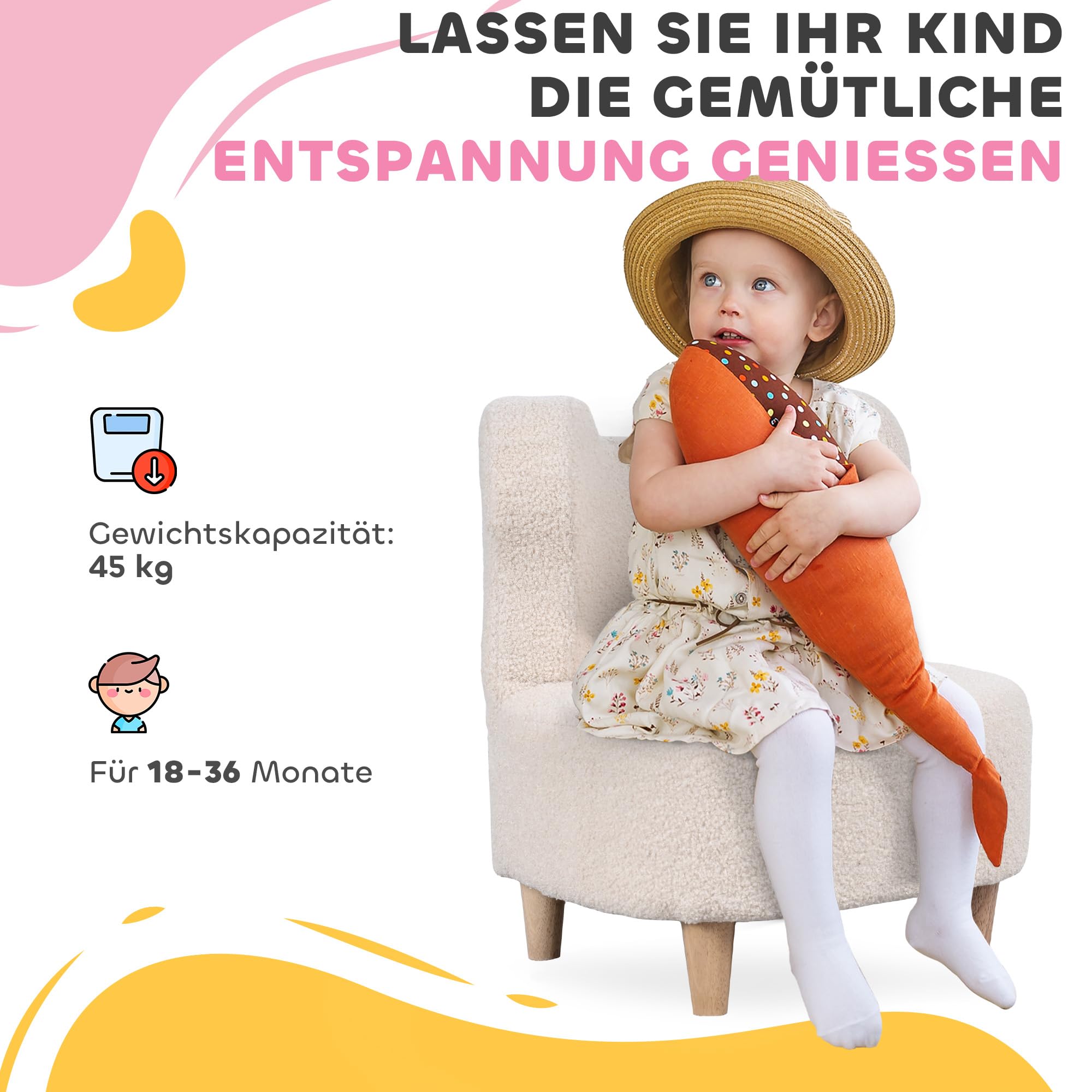 AIYAPLAY Kindersessel Kindersofa mit Teddyfleece-Optik, Bärenform massiven Holzfüßen Kinderstuhl für Kinderzimmer, Spielzimmer, 47 x 43 x 53 cm, für Kinder 1,5-3 Jahre Beige