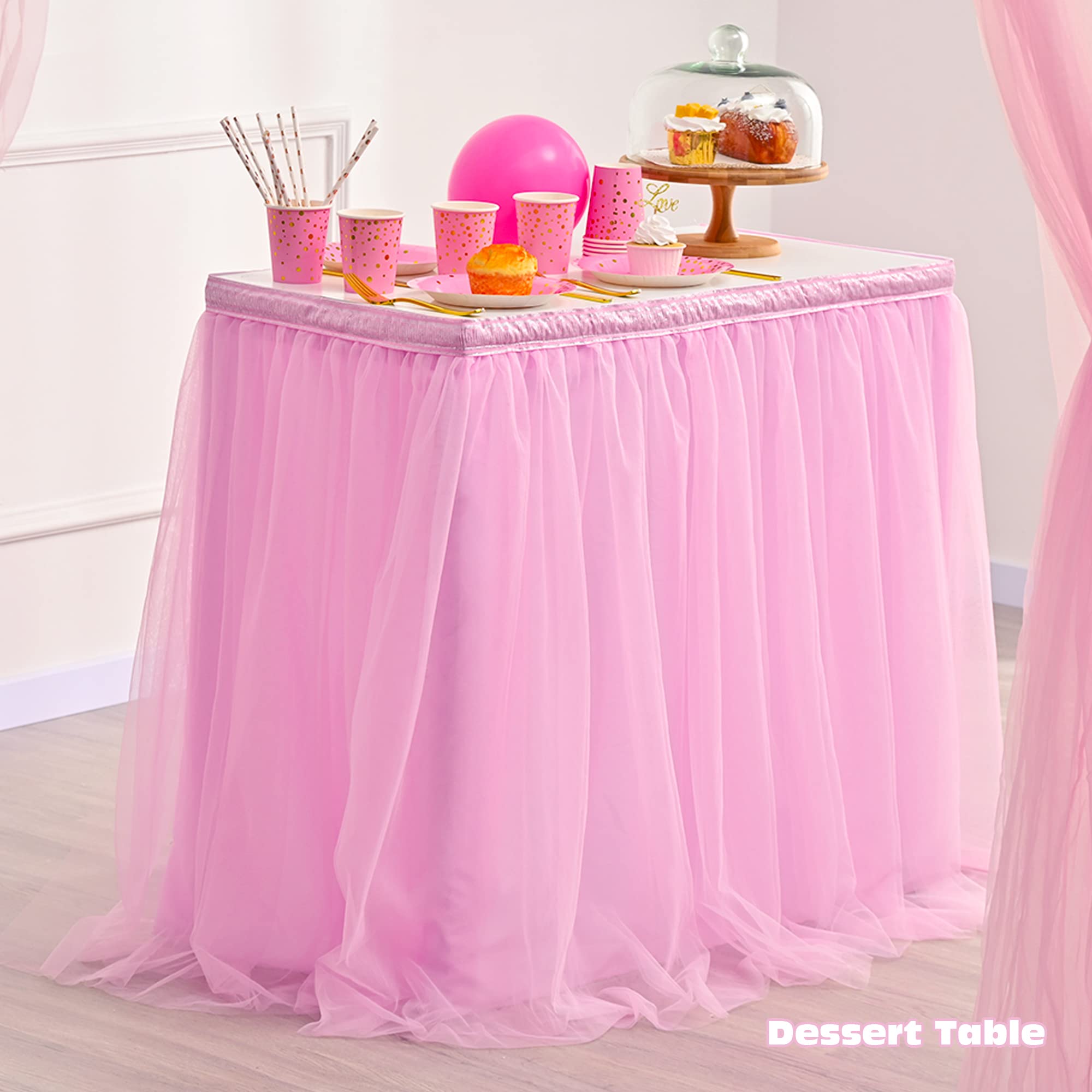 PartyBySam Pink Tulle Table Skirt for Rectangle Tables 9ft, Pink Tutu Table Skirt Decoration for