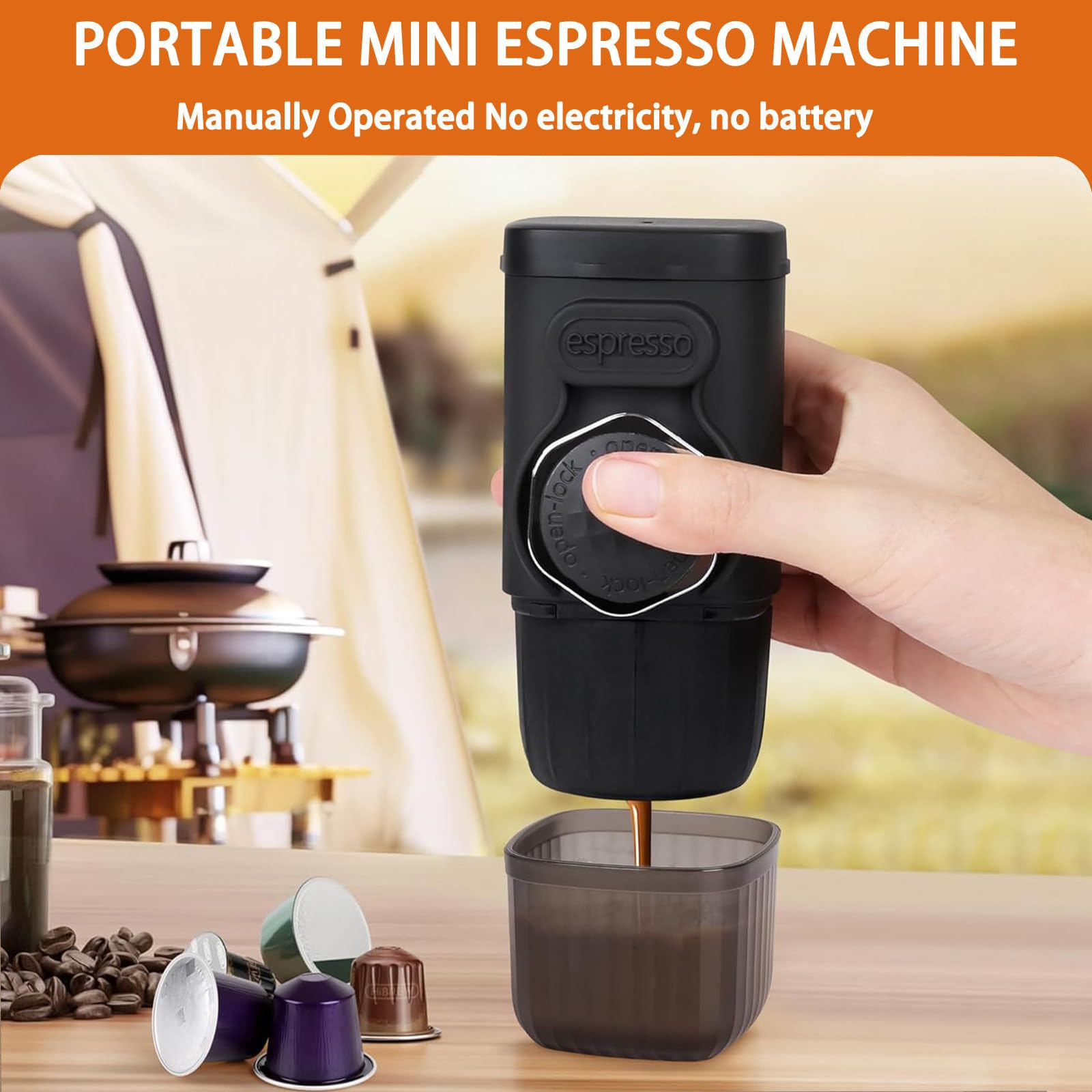 Máquina de café espresso portátil, Cafetera Express 18 bares de accionamiento manual, compatible con cápsulas NS, Cafetera Espresso sobre la marcha, ultra-pequeño para viajes Camp