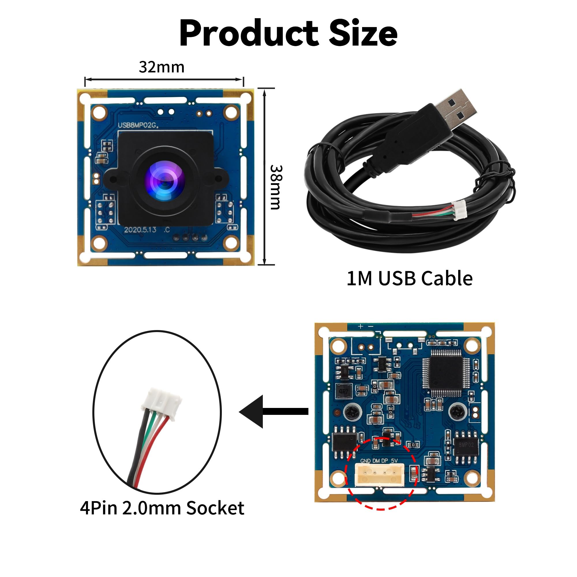 Módulo de cámara USB 8MP IMX179-3264x2448 HD Mini cámara web con lente de 2.1 mm, UVC Plug & Play para impresora 3D/máquina industrial/robot, compatible con Windows/Linux/Mac/Android
