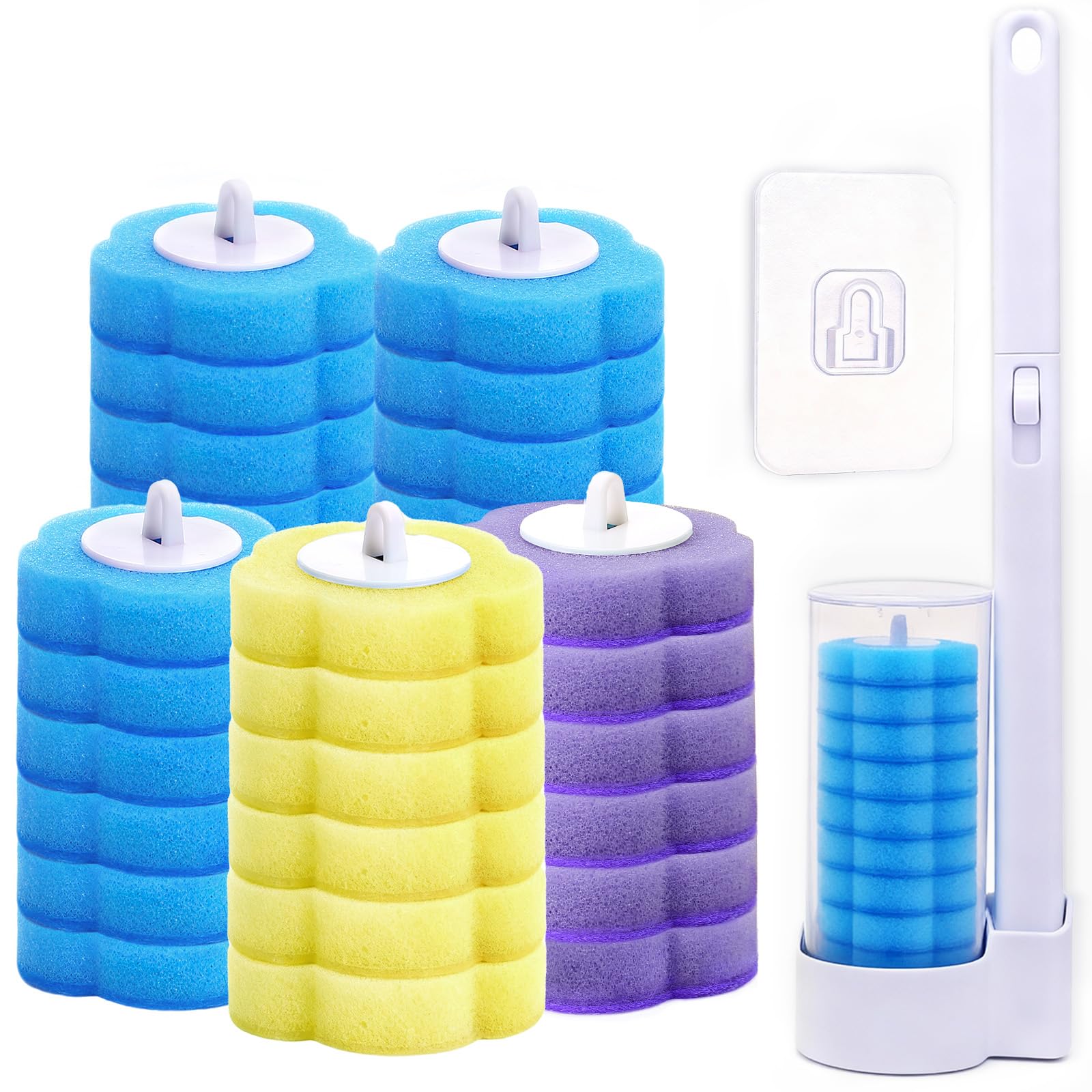LIHAO 32Pcs Disposable Toilet Brush Replacement Head with Handle, Toilet Brush Cleaning System, Wall-Mountable Holder Toilet Wand Cleaning Kit for Home Bathroom Kitchen Cleaning