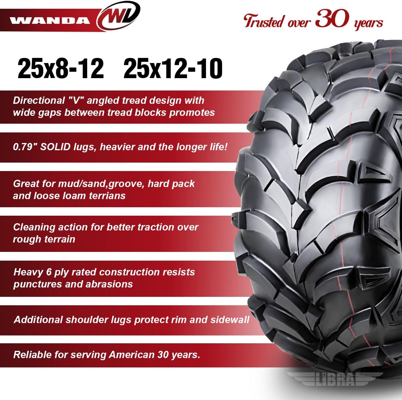 WANDA Set of 4 ATV tires 25x8-12 & 25x12-10 for 90-93 Polaris Trail Boss 350L 4x4
