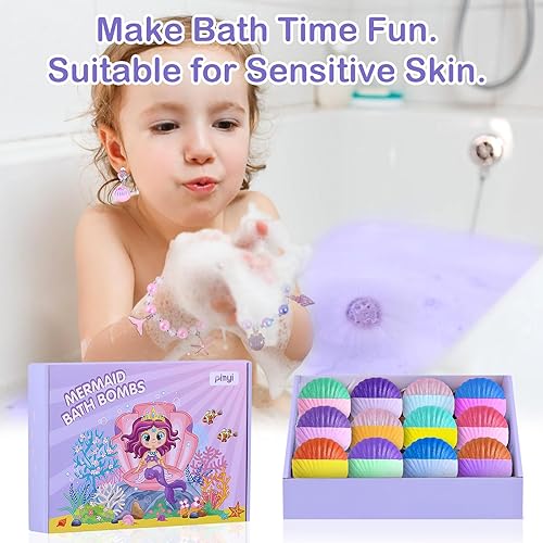 Miniatura 5 de Bombas de baño de sirena para niñas con sorpresa en el interior, 12 piezas de bombas de baño de rejilla de concha con juguetes de joyería de sirena