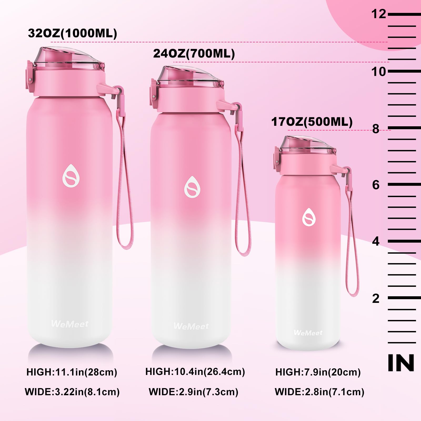 WEMEET Borraccia Termica 1 Litri con Rimovibile Cannuccia, | Metallo 18/10 Acciaio Inox Boraccia con Rimovibile Cinghia 1000ml, Senza BPA Borraccia per Sport, Escursioni, e Campin (Rosa Bianco)