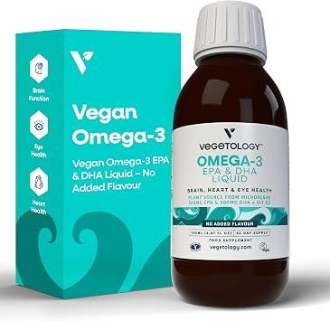 VEGETOLOGY Vegan Omega 3 Liquid, from Microalgae, 800mg of EPA DHA, with Vitamin D3, Supports Heart, Brain and Eye Health, Natural Fish Oil Alternative, UK Made, Unflavoured