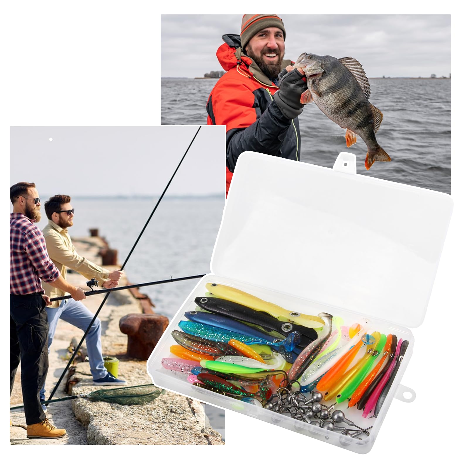 Kit Da 51 Esche Da Pesca In Silicone – 36 Esche Morbide + 15 Testine Piombate Spinning 2/3.5/5g, In Scatola Porta-esche, Per Acqua Dolce E Salata