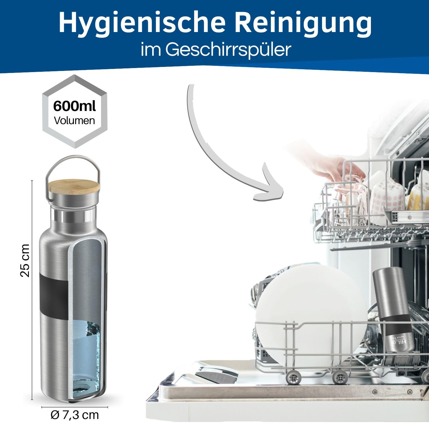HiLo sports isolierte Trinkflasche Fahrrad Edelstahl 600ml - [Hält 12h warm & 24h kalt] Thermo Radflasche - Auslaufsichere Metall Fahrrad Trinkflasche mit 2 Verschlüssen