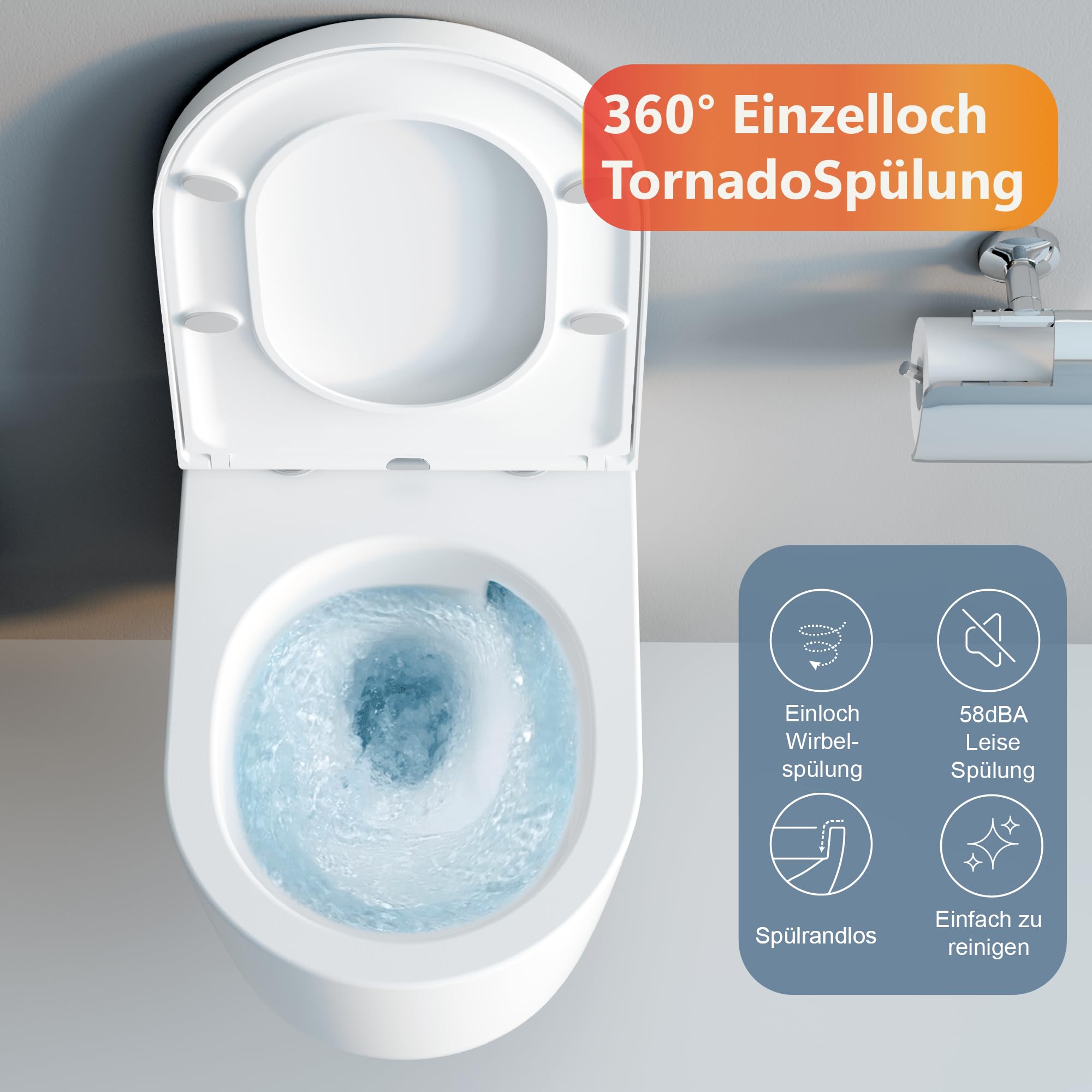 UDiseño wisząca muszla klozetowa bezkołnierzowa, muszla naścienna 360° z wirowym systemem spłukiwania Tornado o niskim poziomie hałasu, muszla klozetowa w kształcie litery D, podwyższony kompletny