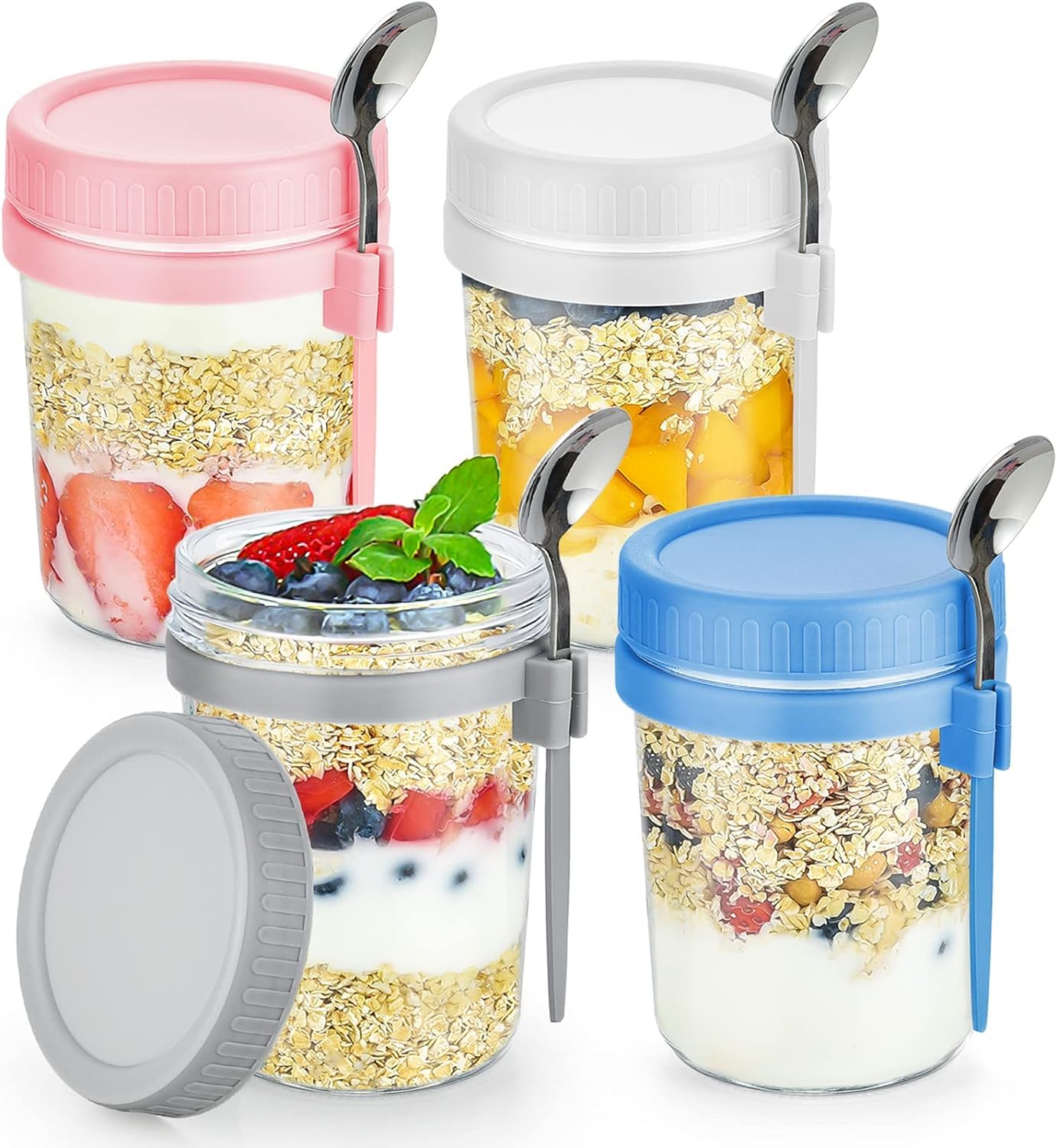 LATERN4Pcs Overnight Oats Jars, 360ml Glass Mason Jars Measurement Marks Food Storage Containers with Lids and Spoons for Oats Cereal Fruit Milk Salad Yogurt Meal Prep