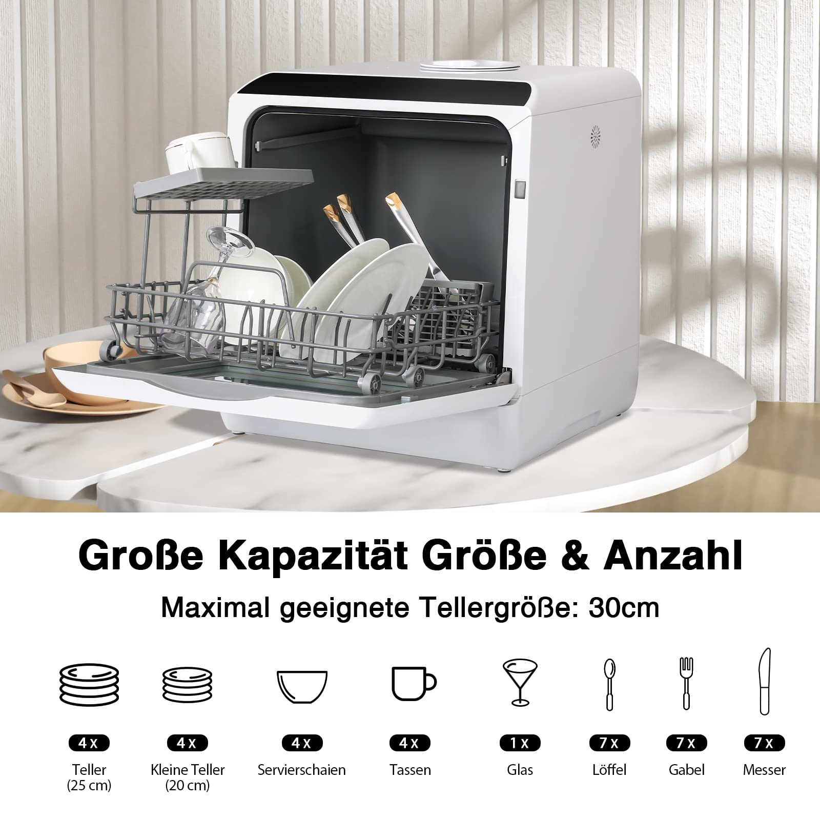Mini Geschirrspüler für 3 Gedecke,Tischgeschirrspüler Freistehender Tragbarer mit 5+1 Programme mit Trocknungsfunktion, Spülmaschine Integriertem 5 Liter Wassertank, mit/ohne Wasseranschluss