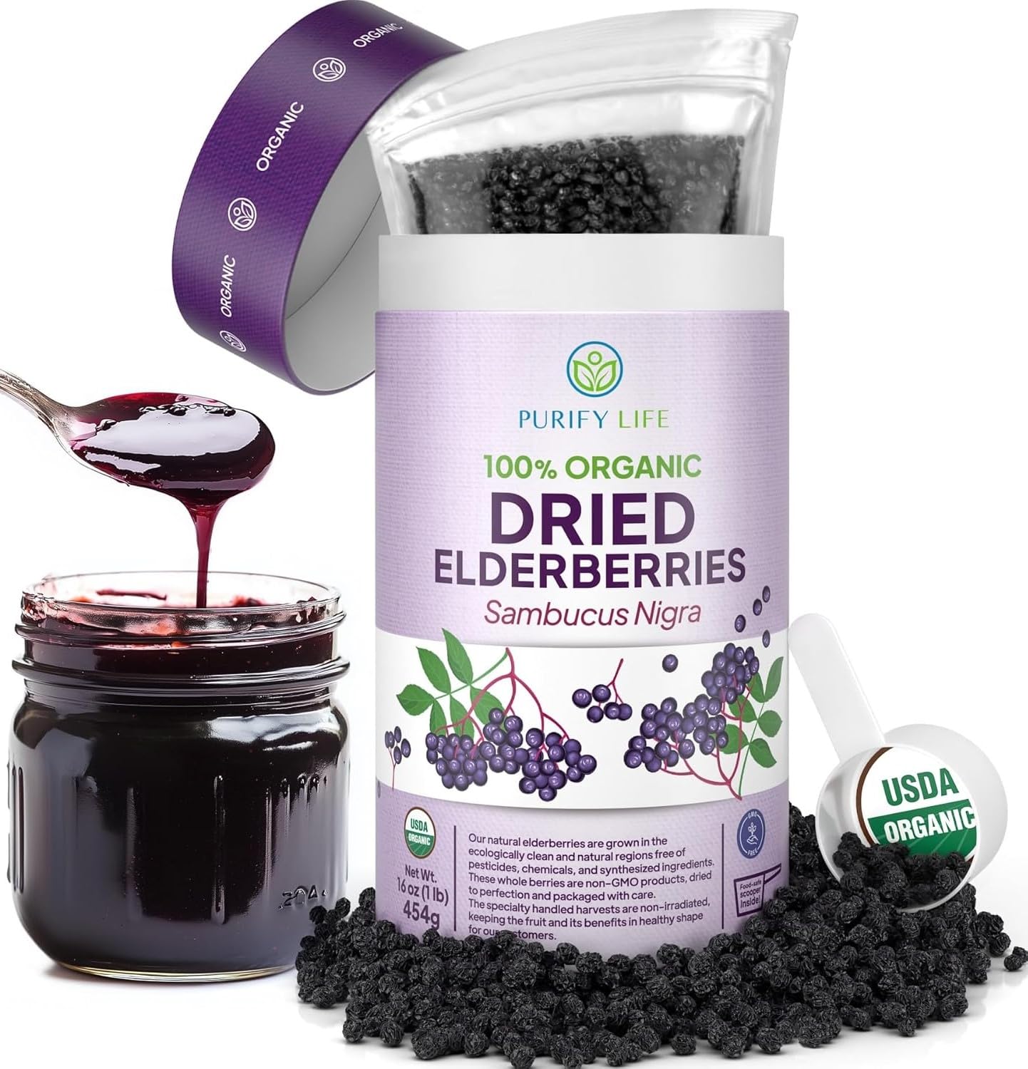 USDA Organic Dried Elderberries 1lb Bulk (Safest Packaging, Resealable Bag, BPA-Free Scoop) Natural, non-irradiated, Raw Whole Black Elderberry, Immune Support, Make Sambucus Elderberry Syrup, 1 Pound