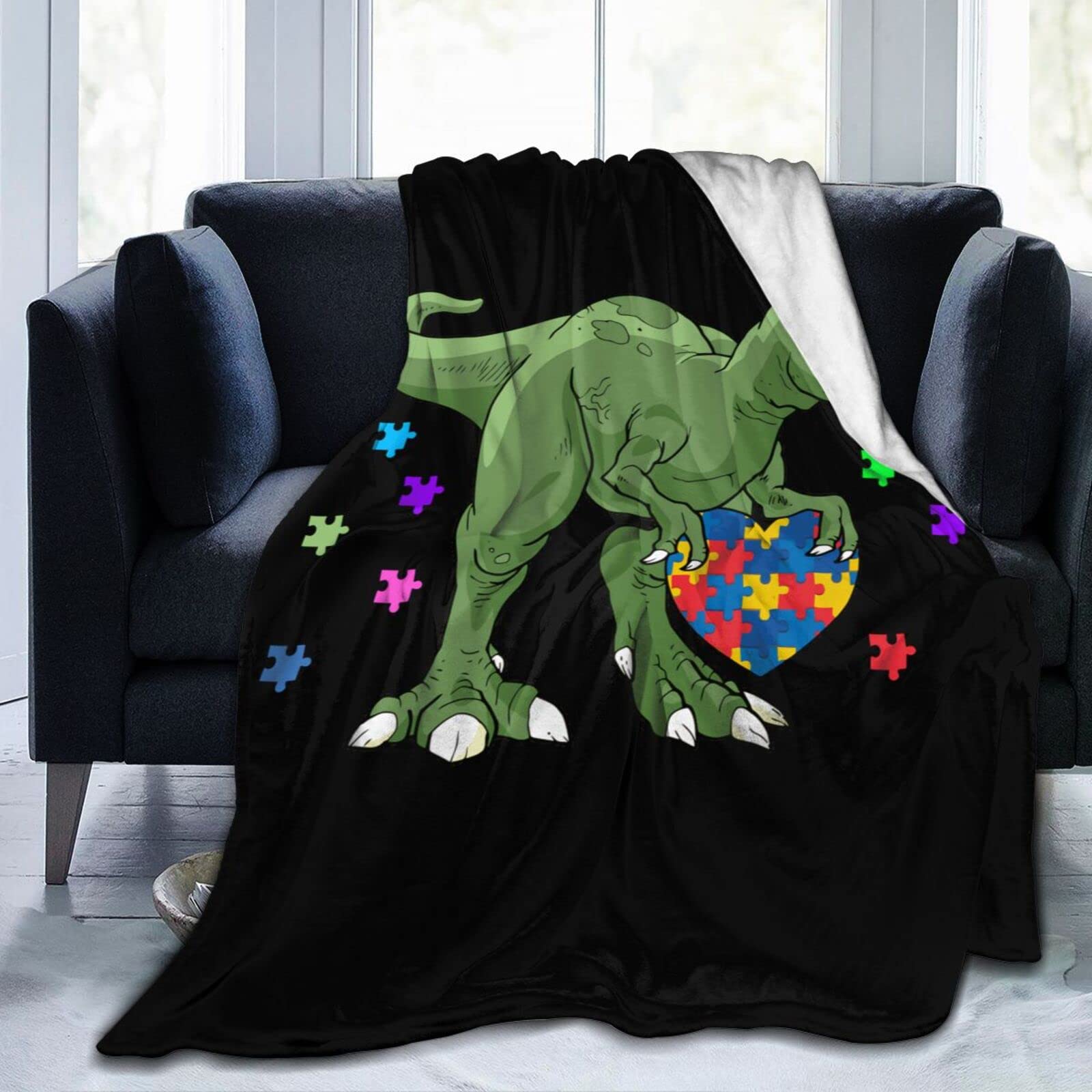 Lsjuee Autism Awareness Dinosaur Throw Blanket Warm Cozy Lightweight Blankets Soft Flannel Blanket for Sofa Couch Bed Office 80"X60"