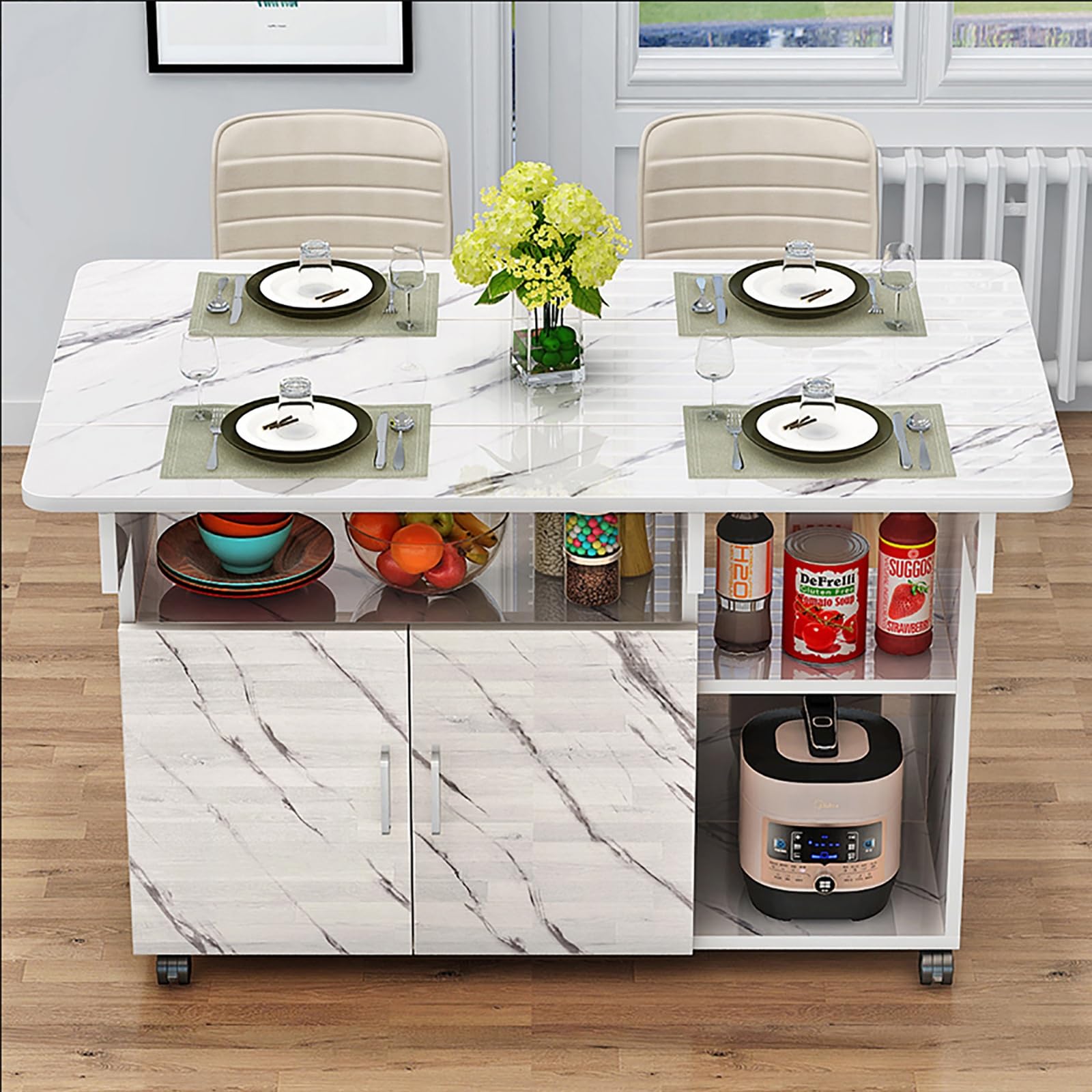 Tavolo mobile con armadietto e ripiano aperto, design salvaspazio su 6 ruote, per lavoro, studio e lavoro, 120 cm, colore C