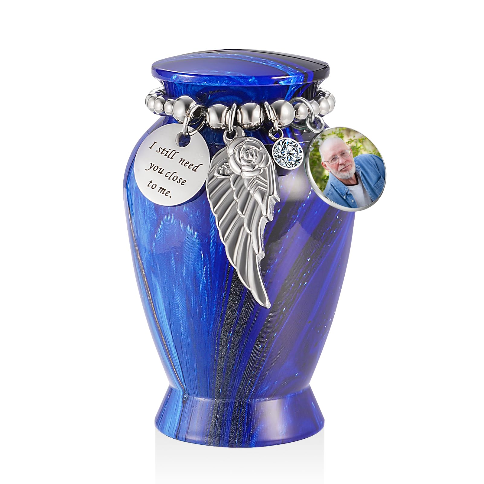 Dletay Personalized Small Urns for Human Ashes Keepsake 2.85 Inch Mini Cremation Urns for Mom Dad Aluminum Small Photo Sharing Urns-Navy Blue
