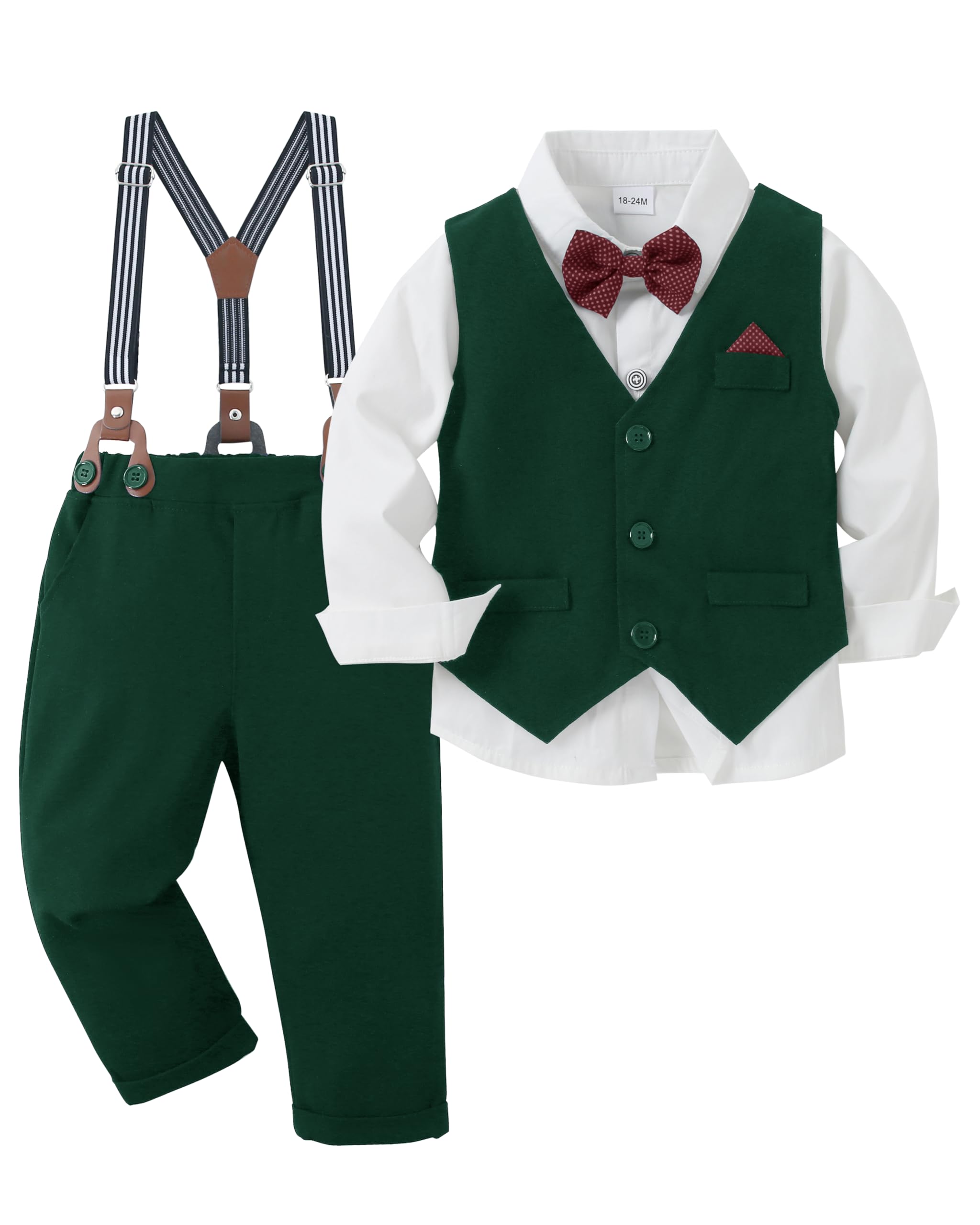 CARETOO Conjunto formal de 5 piezas de ropa para bebé niño pequeño, vestido de boda, camisa, chaleco, pajarita, pantalones con tirantes, 12M-5T