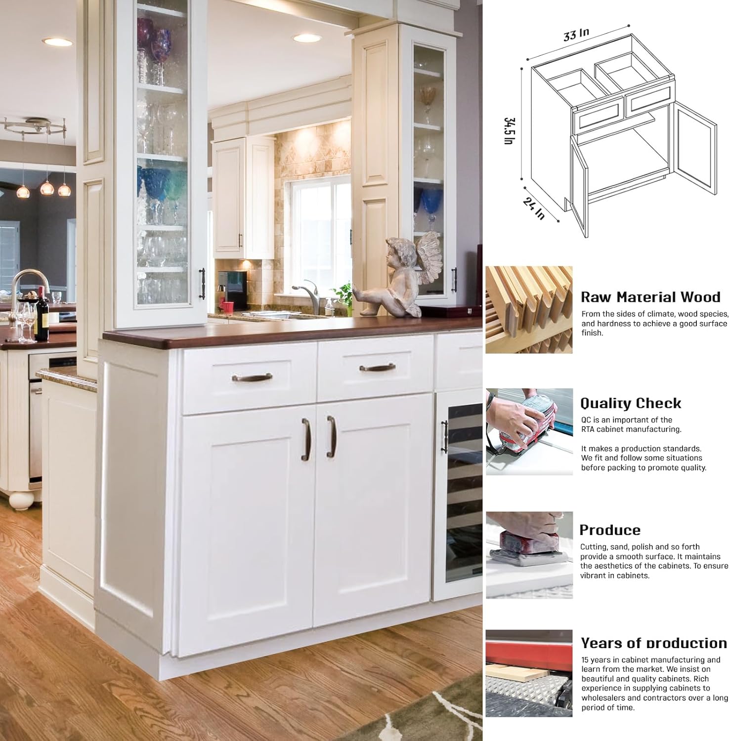 Kitchen Base Cabinet, RTA Cabinet, White Shaker Cabinet, Plywood Box, Adjustable Shelf, Storage, Painted, Soft Close, 33 Inch Wide x 34.5 Inch High x 24 Inch Deep (White, 33 Inch Width)