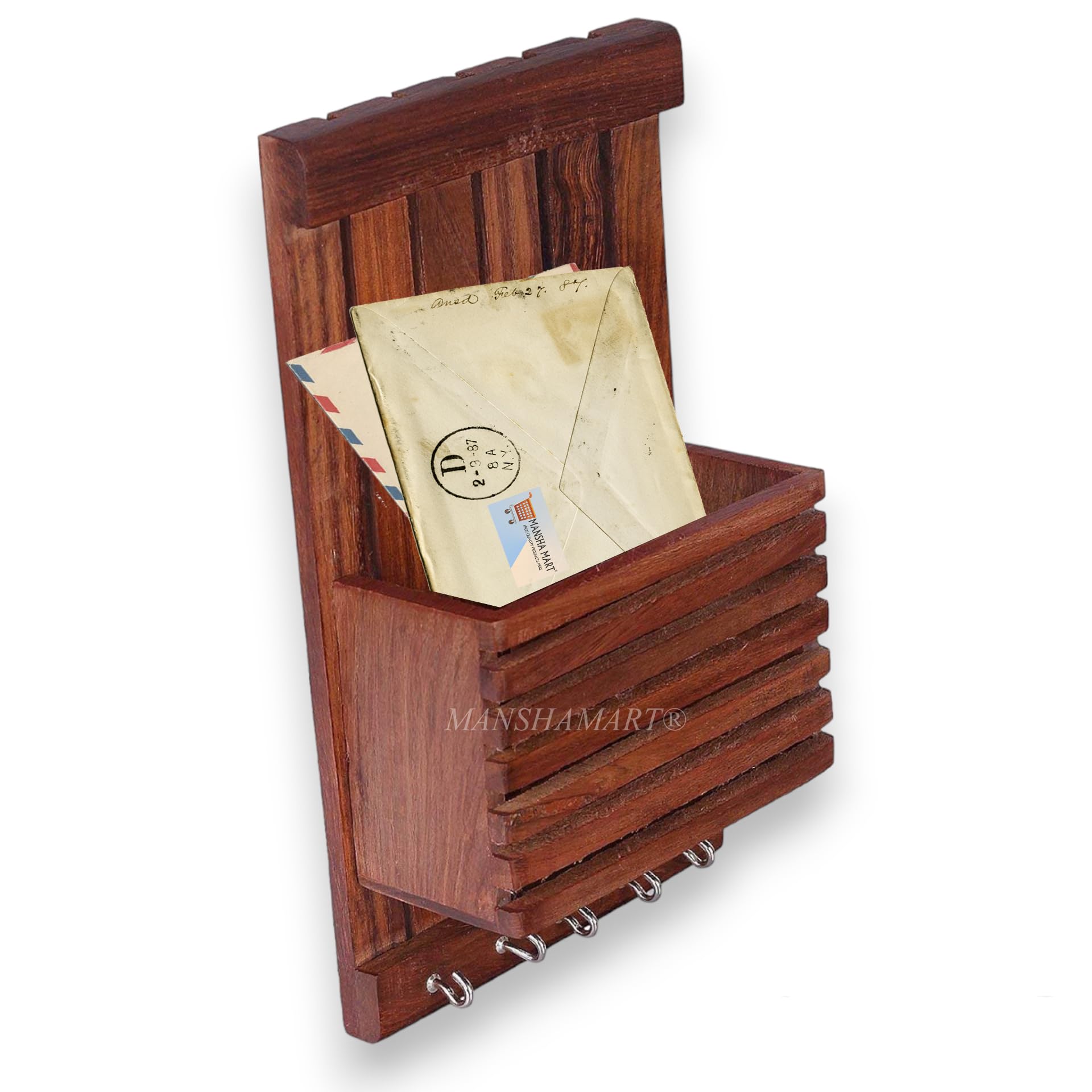 MANSHAMART® Wooden Key Holder Wall Hanging Letter Rack Magazine Rack Newspaper Rack Organizer Office Accessories Envelopes Holder-image-6