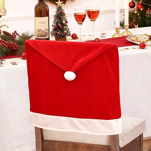 Miniatura 7 de Smiry Juego de 4 fundas para sillas de Navidad, con sombrero de Papá Noel rojo, fundas extraíbles lavables para decoración de fiestas de Navidad