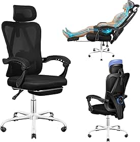 Cadeira de Escritório Ergonômica Costas Altas com Apoio de Cabeça e Lombar Ajustáveis, Cadeira de Computador em Mesh Transpirável, Com Apoio para os Pés Retrátil, Giratória 360° para Home Office