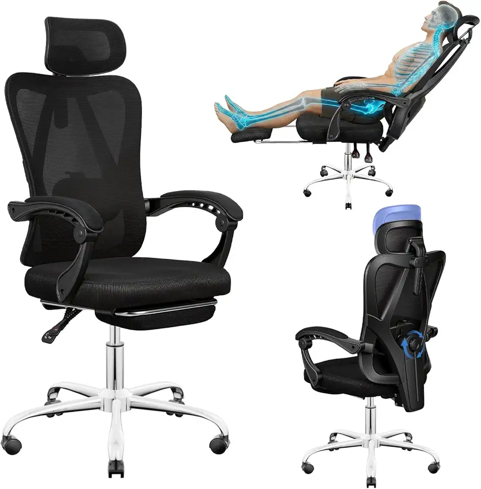 Cadeira de Escritório Ergonômica Costas Altas com Apoio de Cabeça e Lombar Ajustáveis, Cadeira de Computador em Mesh Transpirável, Com Apoio para os Pés Retrátil, Giratória 360° para Home Office