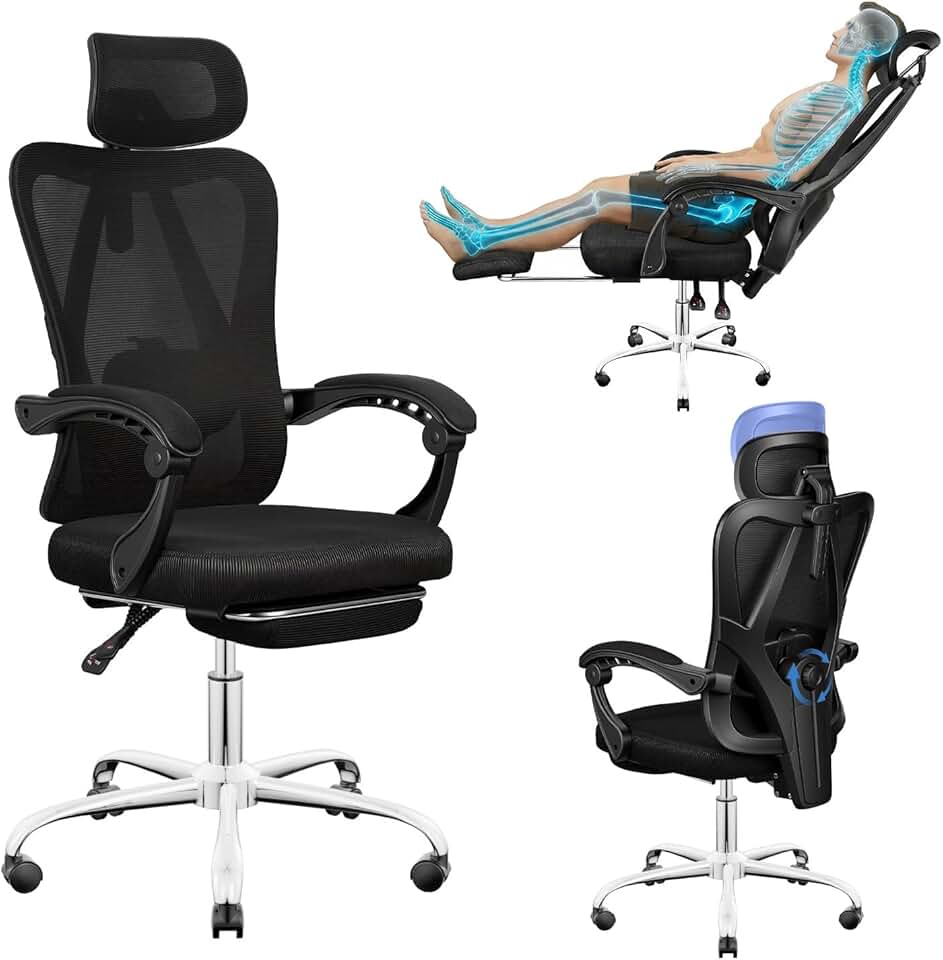 Cadeira de Escritório Ergonômica Costas Altas com Apoio de Cabeça e Lombar Ajustáveis, Cadeira de Computador em Mesh Transpirável, Com Apoio para os Pés Retrátil, Giratória 360° para Home Office
