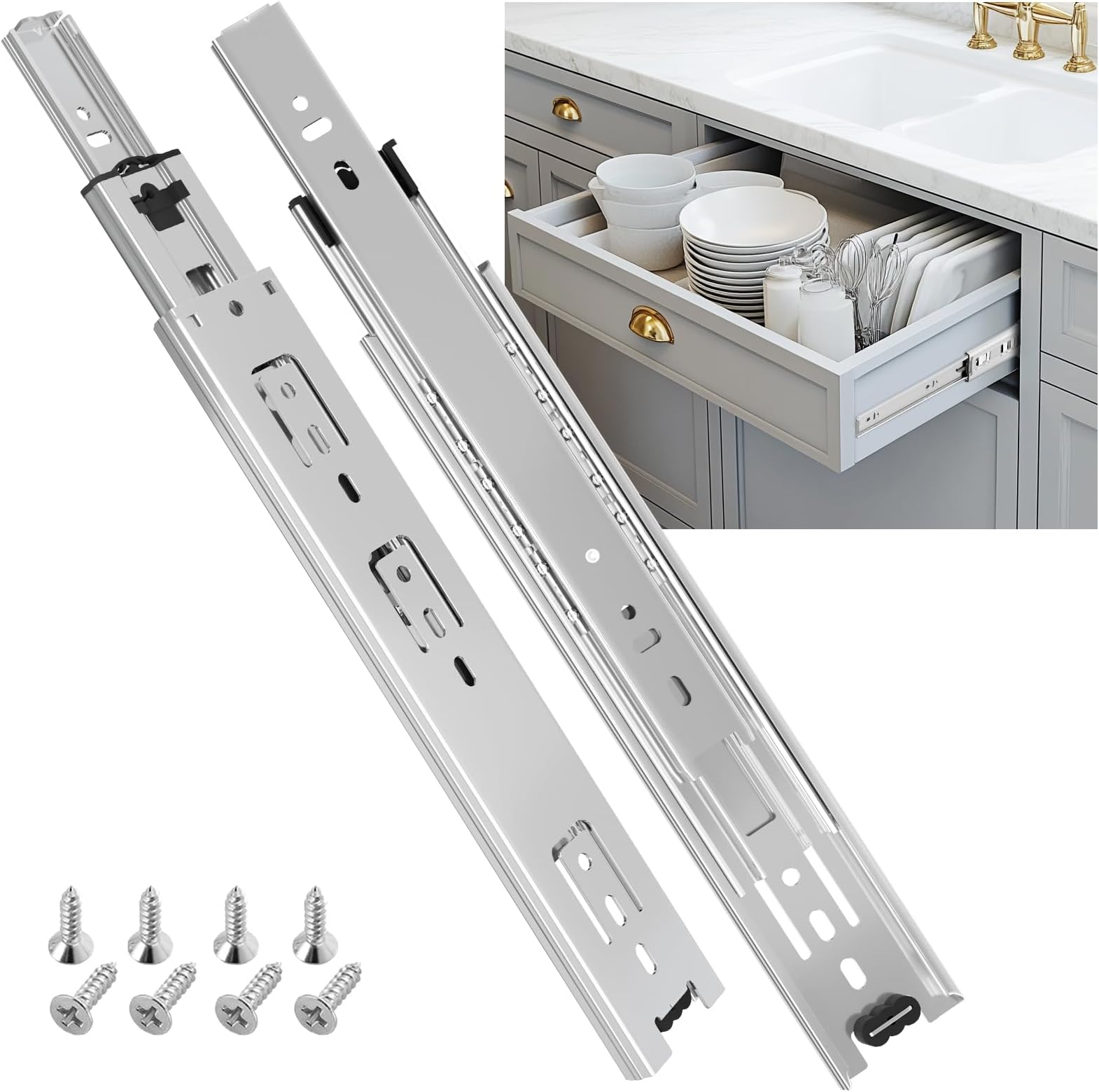 SHUHANG Drawer Runners Kitchen Drawer Runners Cabinet Drawer Slides 45 kg Load Capacity Full Extension with Ball Bearing Slides 250mm, Side Mount 1 Pair, Sliver
