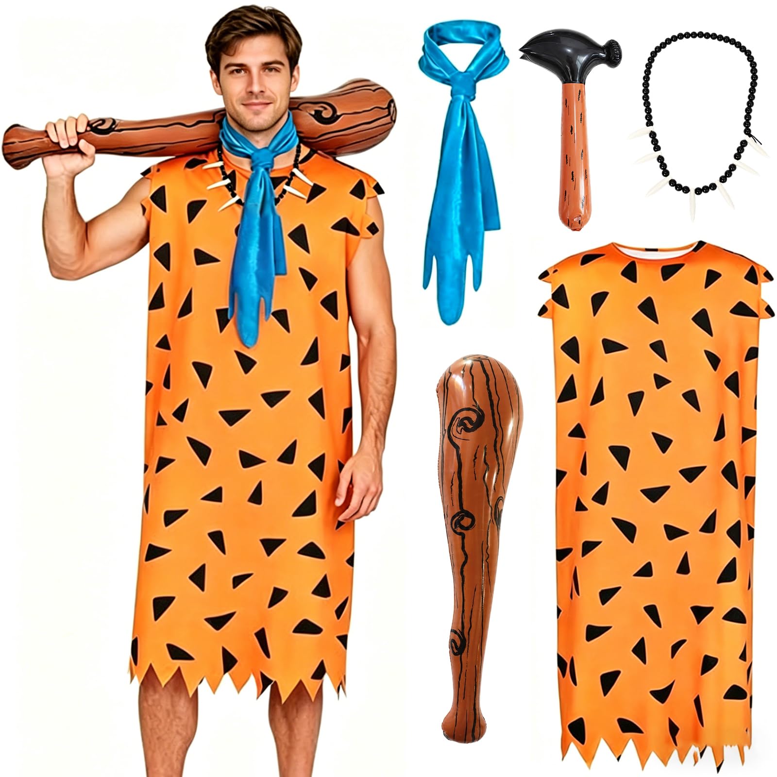DXPETA Fred Flintstone Costume Adult, Caveman Costume for Halloween and Cosplay Events, Stone Age Fancy Dress with Accessories, XL Size