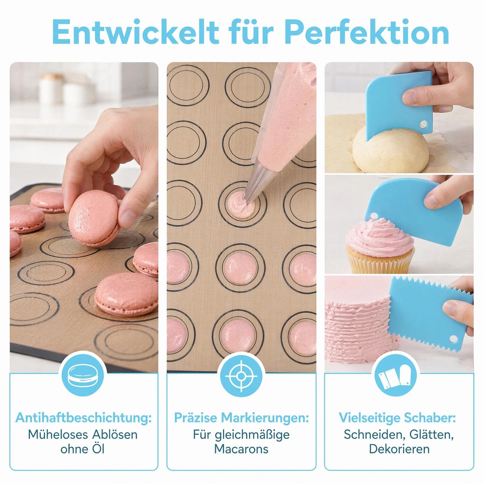 3 tappetini da forno in silicone per macaron, 42 x 29,5 cm, tappetino in silicone, facile da pulire, antiaderente, con raschietto blu, per torte, pane, biscotti, pizza