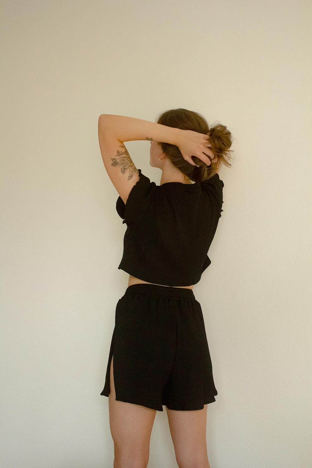 Cotton Blend Split Leg Pjs for Women 2 Piece Soft Pajama Set for Women Black Lounge Set Top and Shorts Matching Set - Image 7