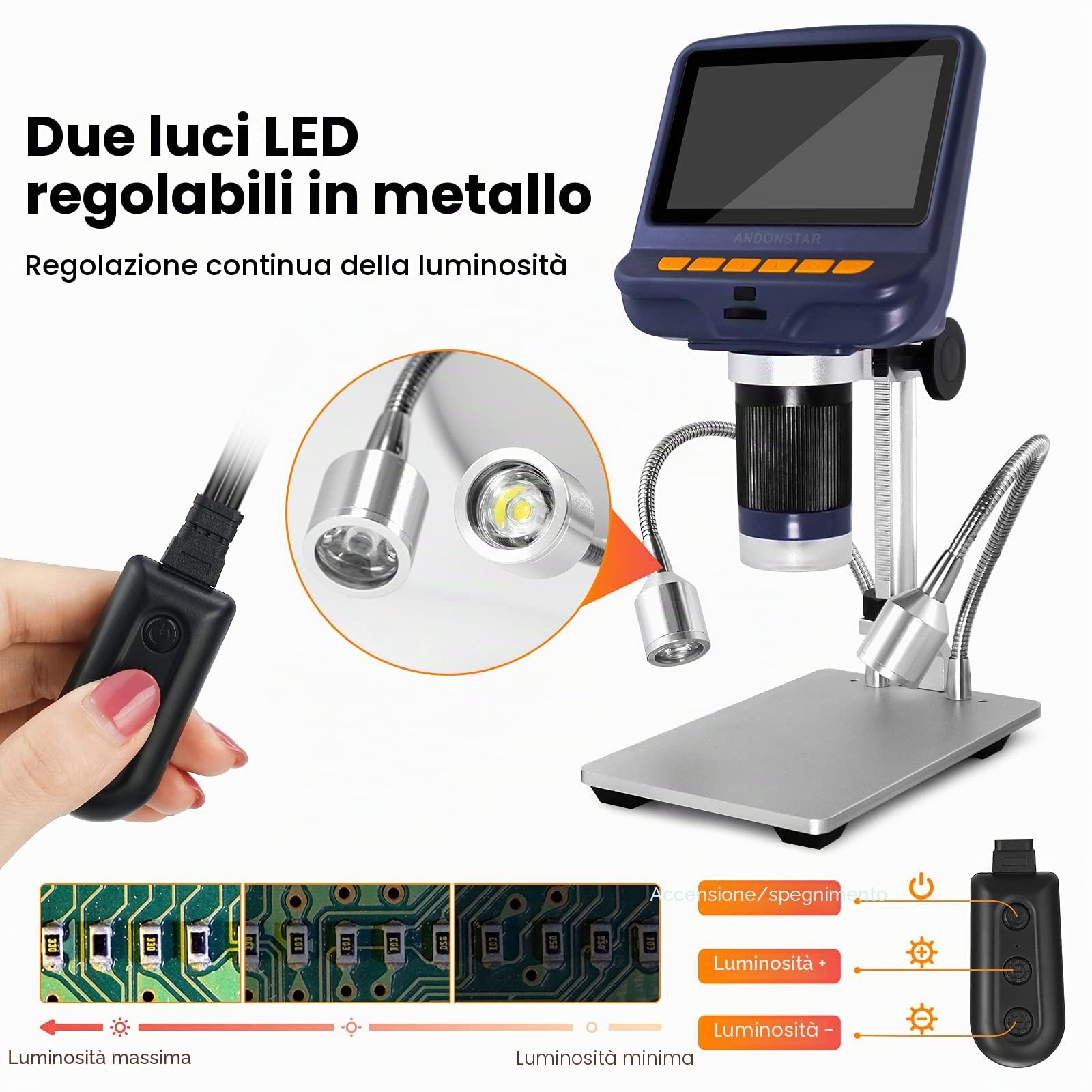 Andonstar AD106S Microscopio digitale USB, microscopio con schermo da 10,9 cm per saldare/PCB/orologio/telefono, strumenti di riparazione, con supporto e telecomando IR