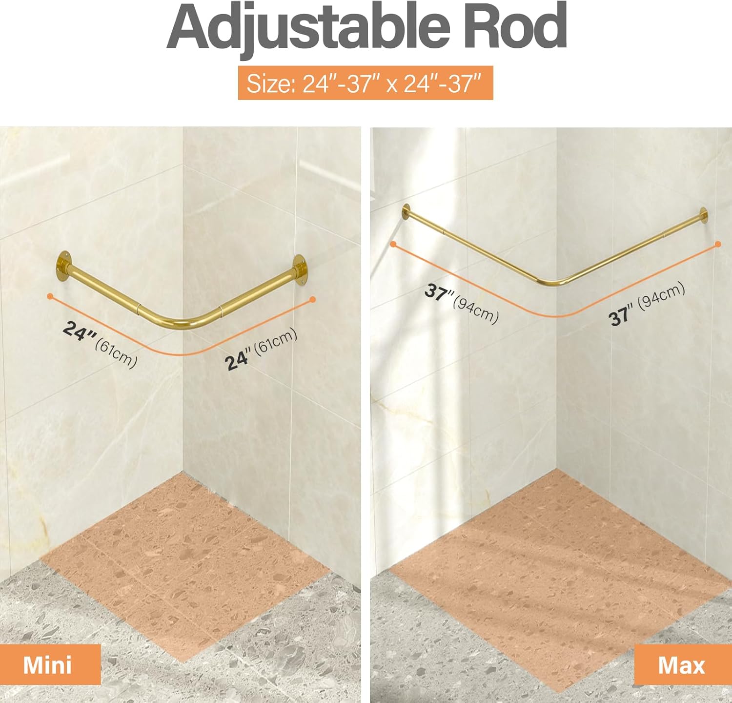 Corner Shower Curtain Rod, [24"-37"] x [24"-37"] Adjustable L Shaped Shower Rod No-Sagging Square 90 Degree Curved Curtain Rod for Bathroom with 12 Hooks & Ceiling Support - Gold