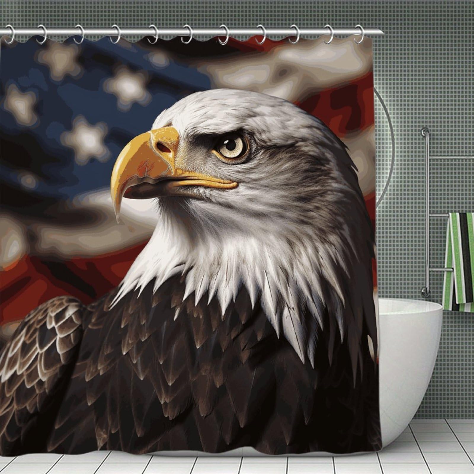 QMNLKH Bald Eagle US Flag Pictures Shower Curtain with Hooks, Waterproof Bath Curtains for Bathroom, Lightweight Bath Curtains Liner for Hotel, Personalized Bath Curtain for Spa, 70.8 Inch