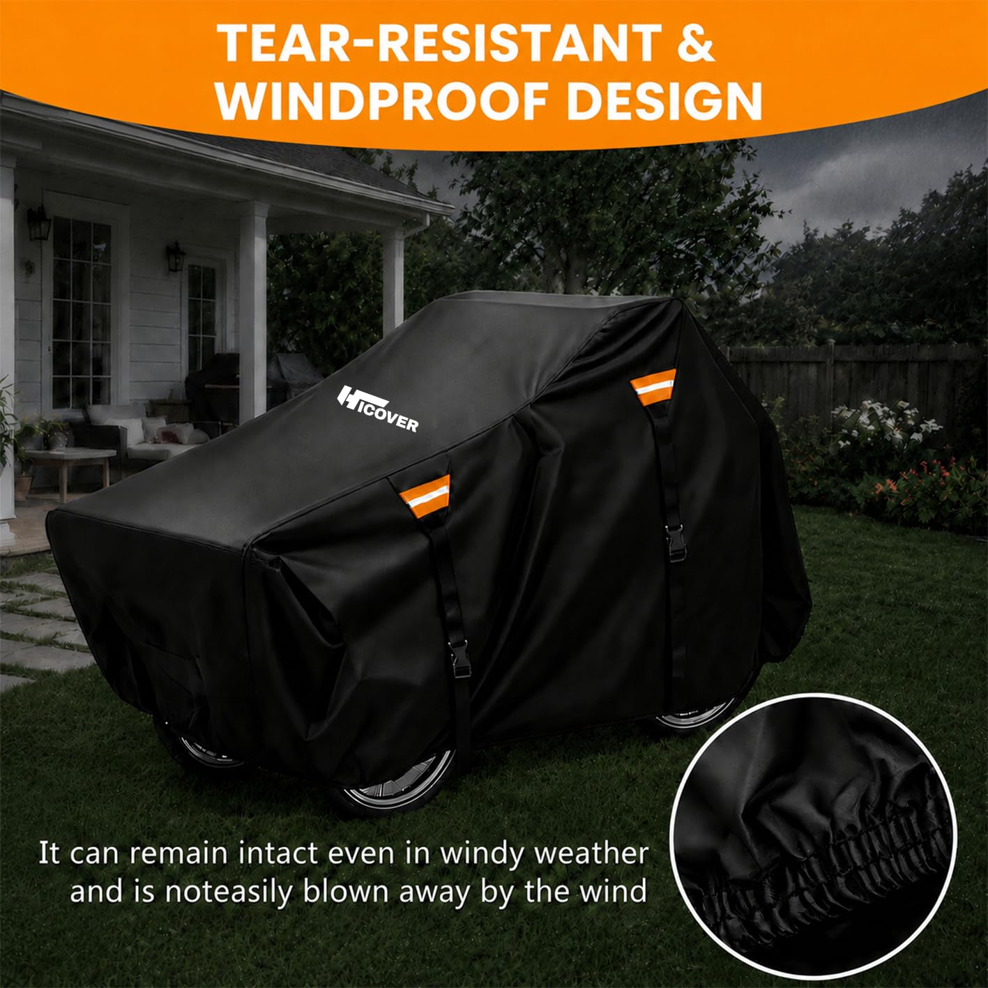 Housse de vélo cargo d'extérieur HICOVER 600D très résistante - Étanche - Protection UV - Pour tricycle adulte - Avec triangle coupe-vent et bande réfléchissante