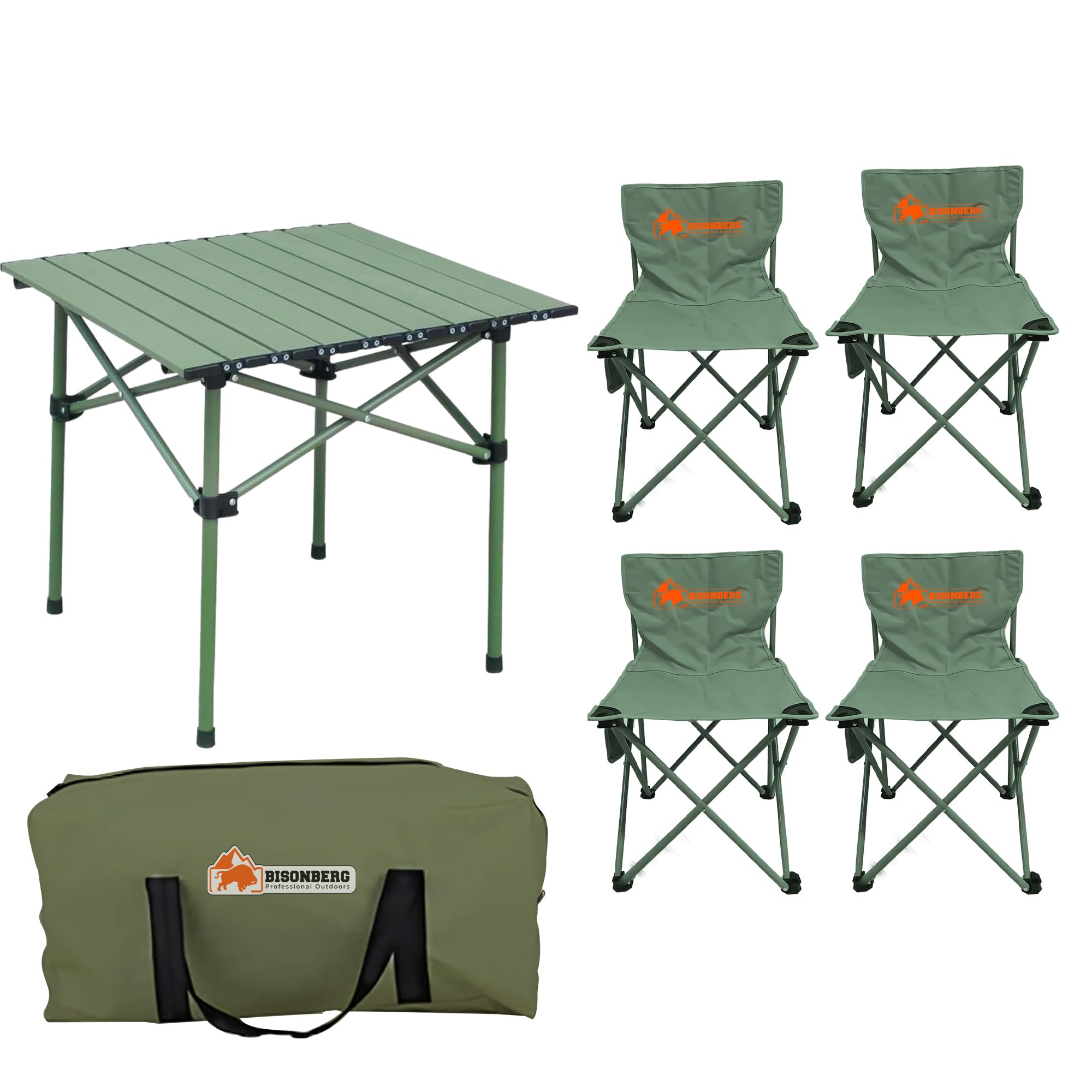 BISONBERG Aluminium Folding Camping Table With 4 Folding Chairs & Carrying Handle | Height Adjustable Table For Camping, Fishing, Hiking, Travel, Picnic, Beach - Aluminum (Square)