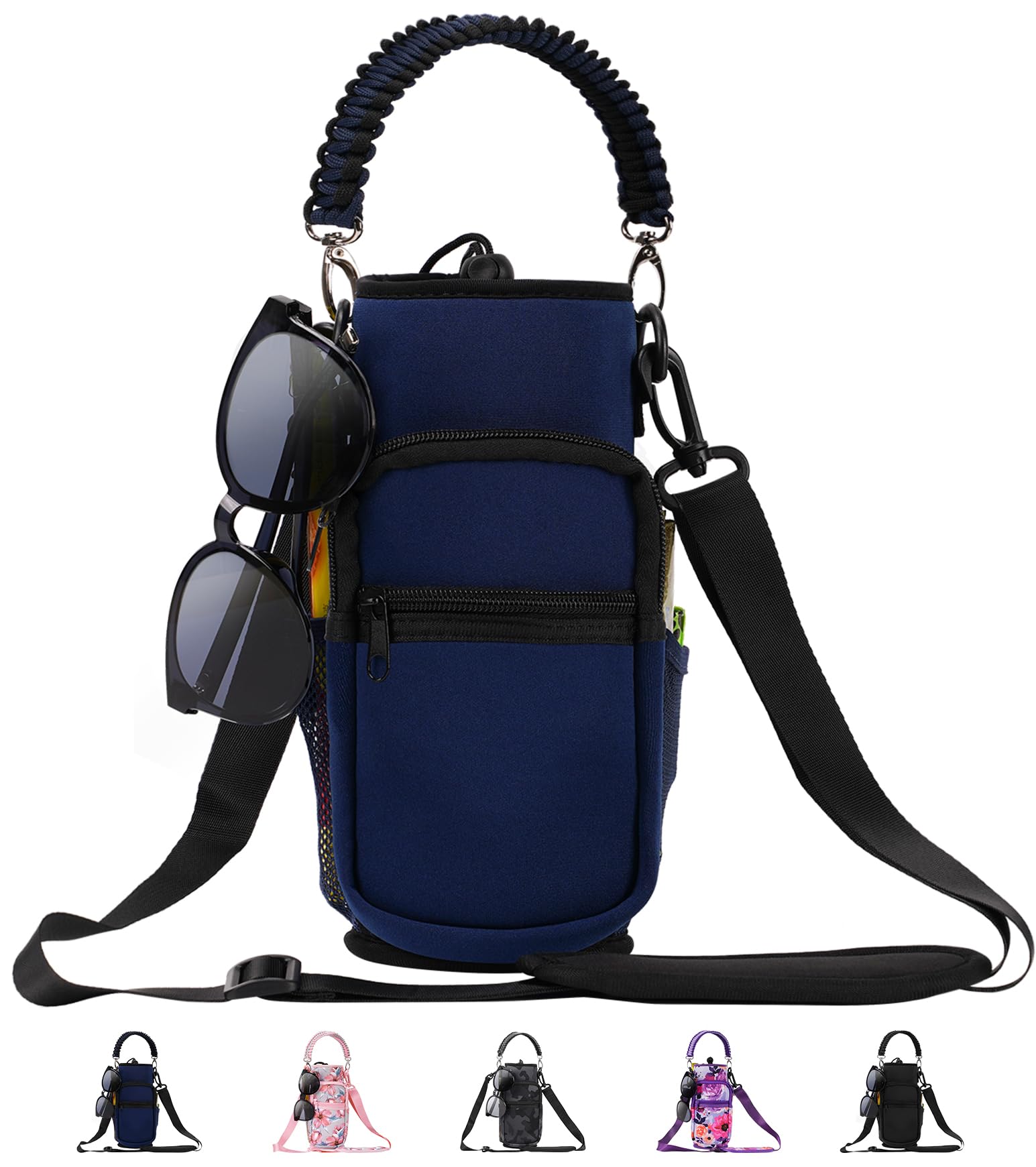 AceTreker 32/40/64/87/128 oz Water Bottle Carrier Bag, Neoprene Water Bottle Sleeve with 4 Pocket, Sport Water Holder with Paracord Handle and