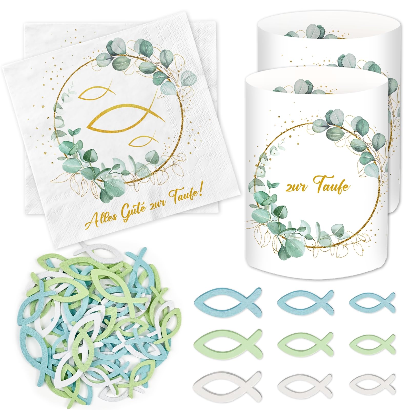 20 Stück Servietten Taufe + 12 Windlicht Tischdeko+ 60 Holzfische Streudeko, Taufe Deko Junge Mädchen Eukalyptus Grün, Party Geschenke, Taufdeko Gastgeschenke, Tischdekoration Holz Fische Deko